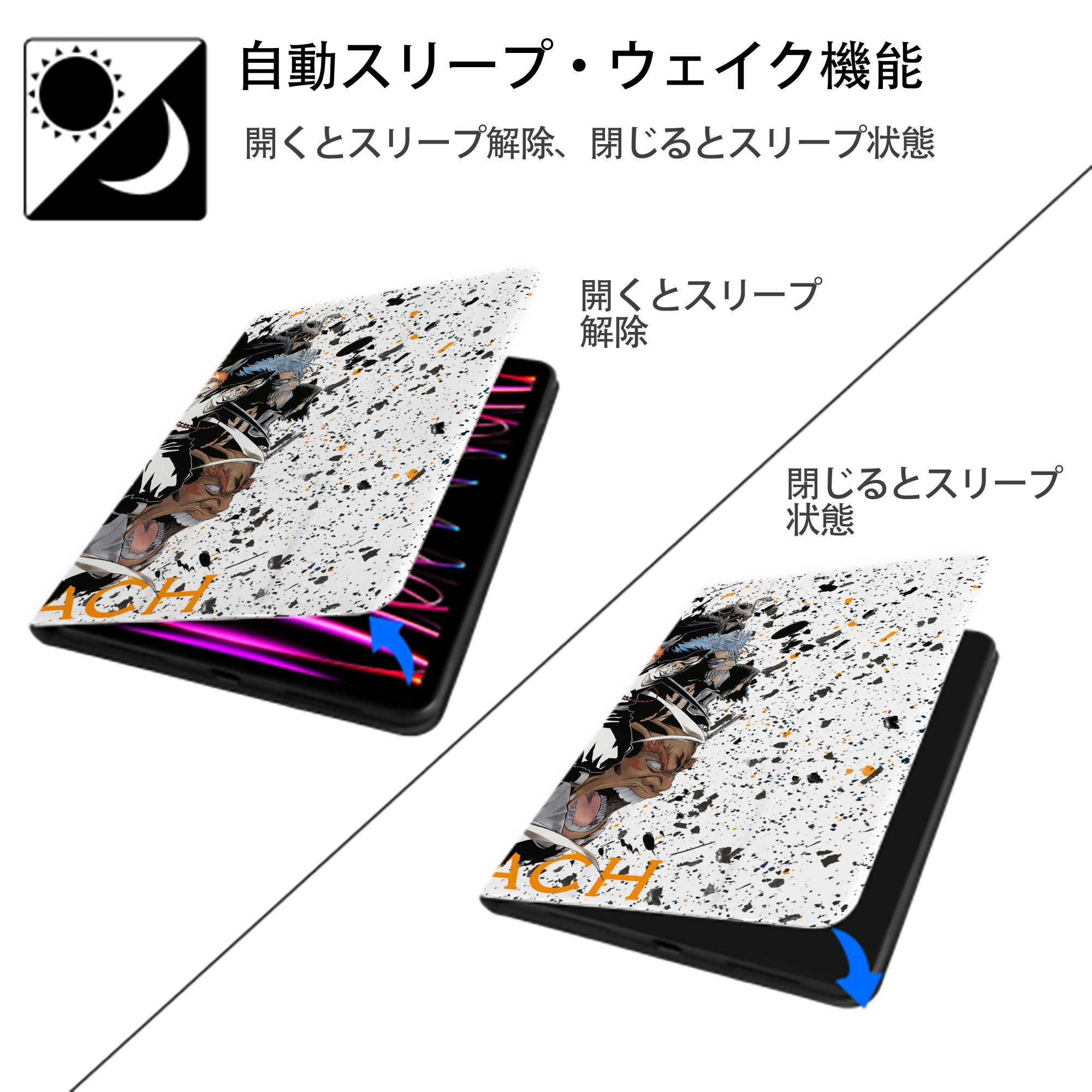 ブリーチ BLEACH IPad ケース ブック型 PUレザー TPU 耐衝撃 軽量 薄型 ペン収納なし 全面保護 IPad 各モデル対応