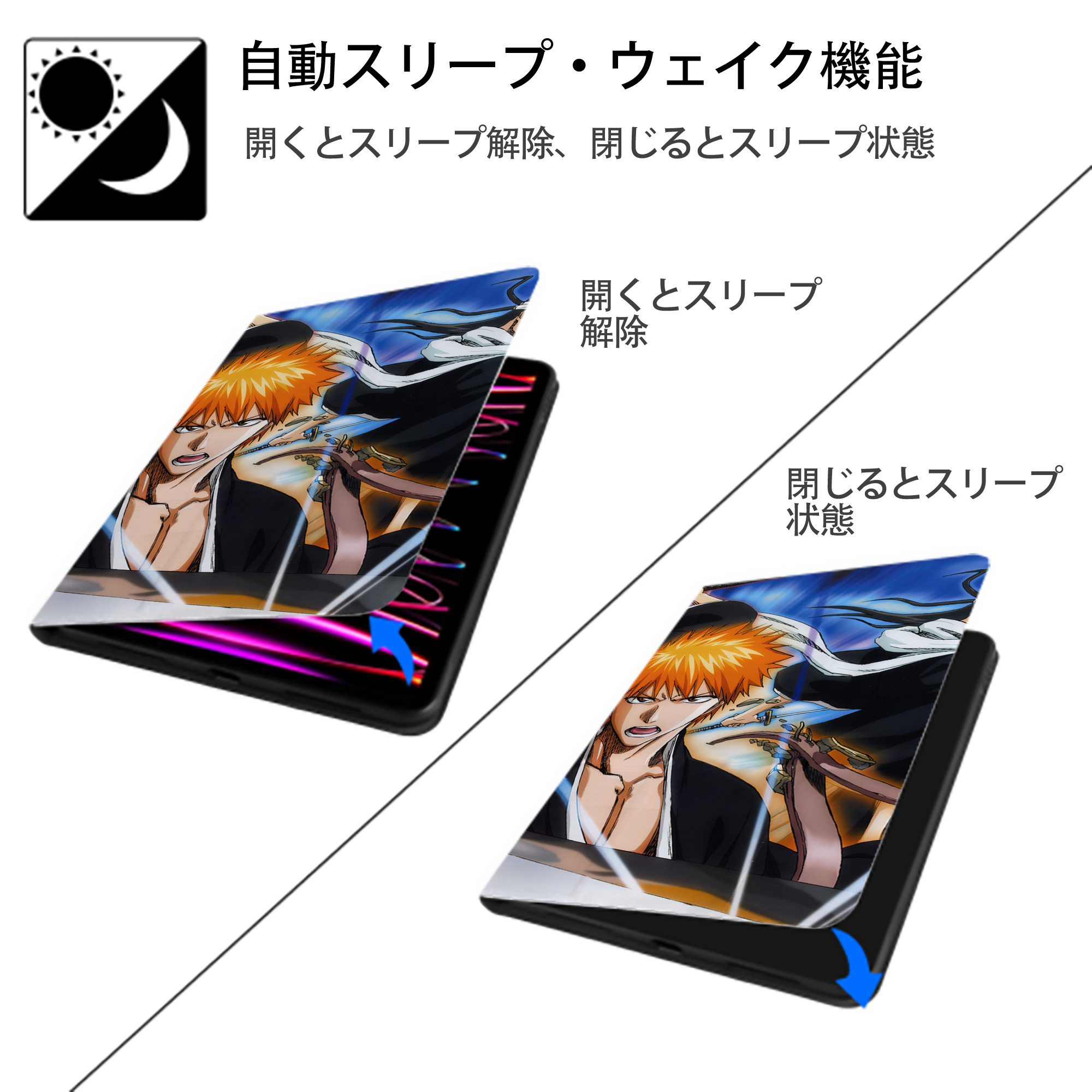 ブリーチ BLEACH IPad ケース ブック型 PUレザー TPU 耐衝撃 軽量 薄型 ペン収納なし 全面保護 IPad 各モデル対応