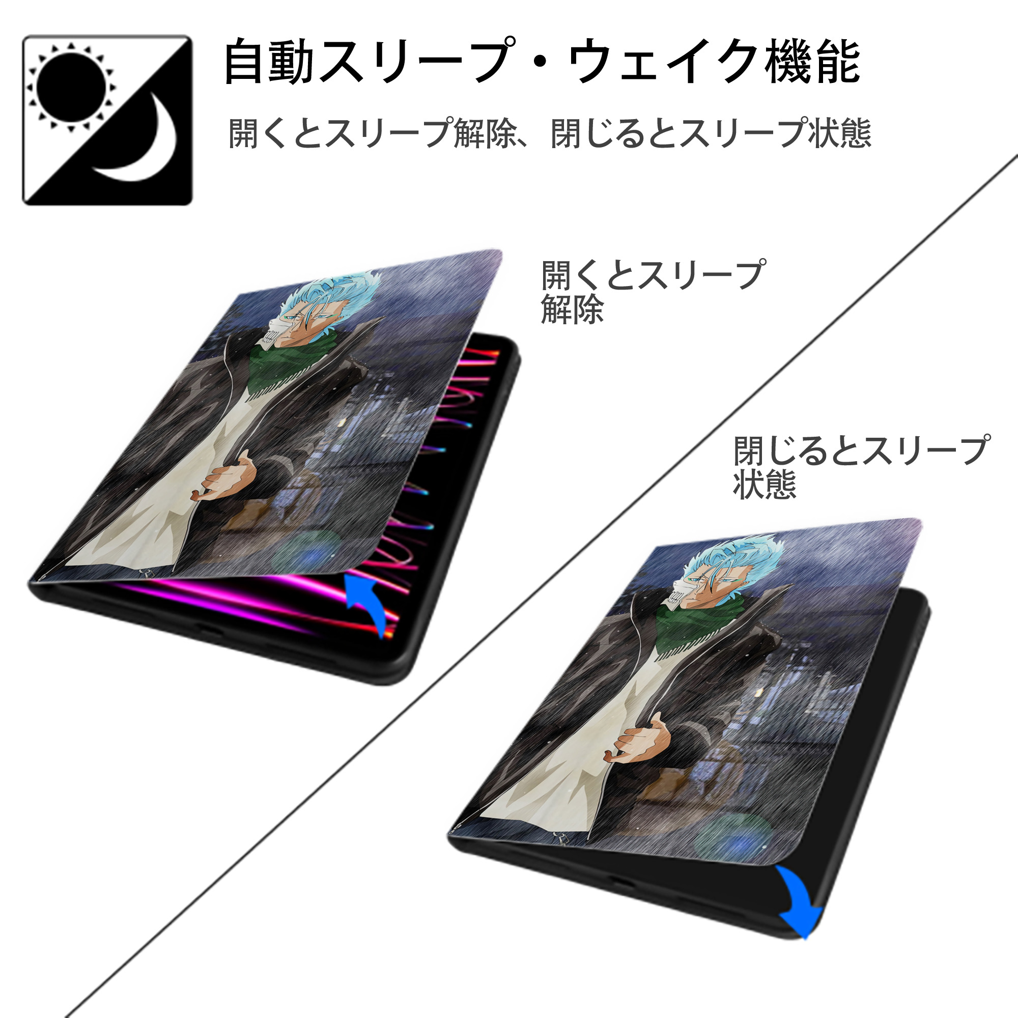 ブリーチ BLEACH IPad ケース ブック型 PUレザー TPU 耐衝撃 軽量 薄型 ペン収納なし 全面保護 IPad 各モデル対応