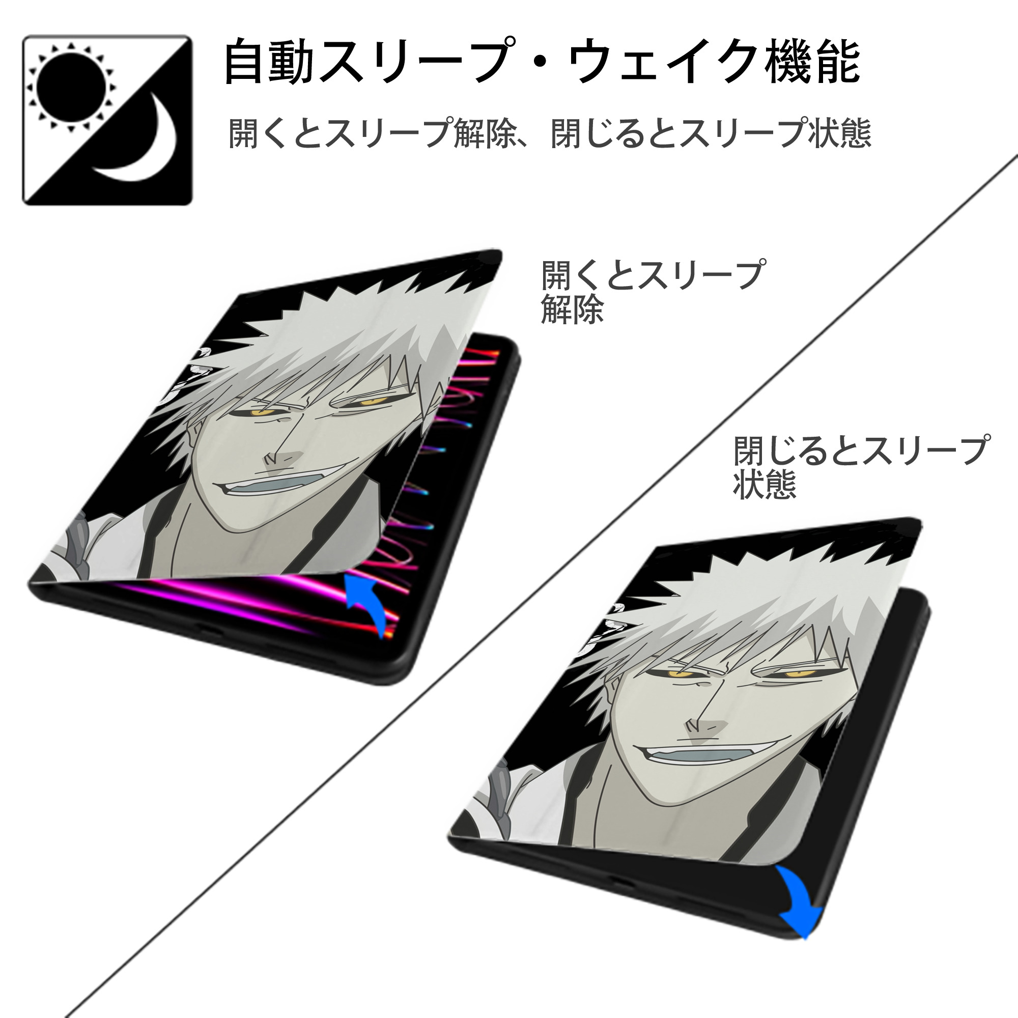 ブリーチ BLEACH IPad ケース ブック型 PUレザー TPU 耐衝撃 軽量 薄型 ペン収納なし 全面保護 IPad 各モデル対応