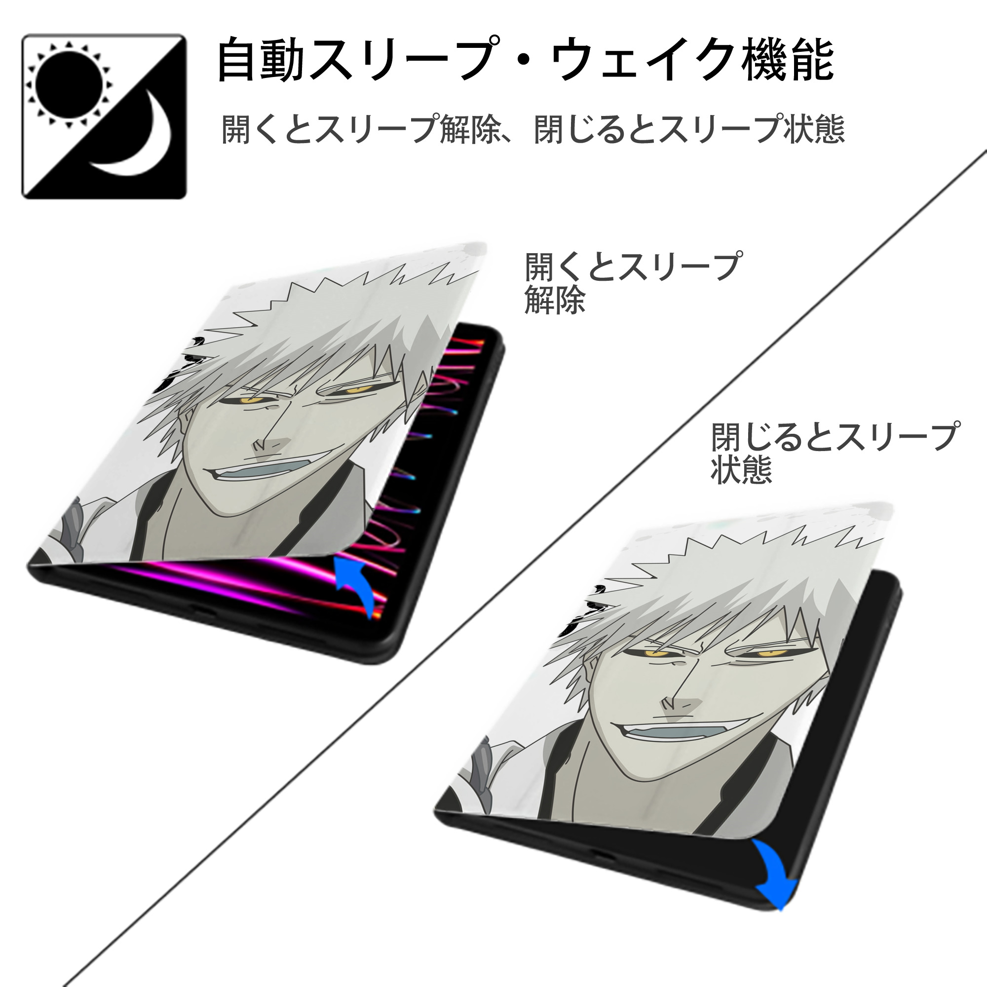 ブリーチ BLEACH IPad ケース ブック型 PUレザー TPU 耐衝撃 軽量 薄型 ペン収納なし 全面保護 IPad 各モデル対応