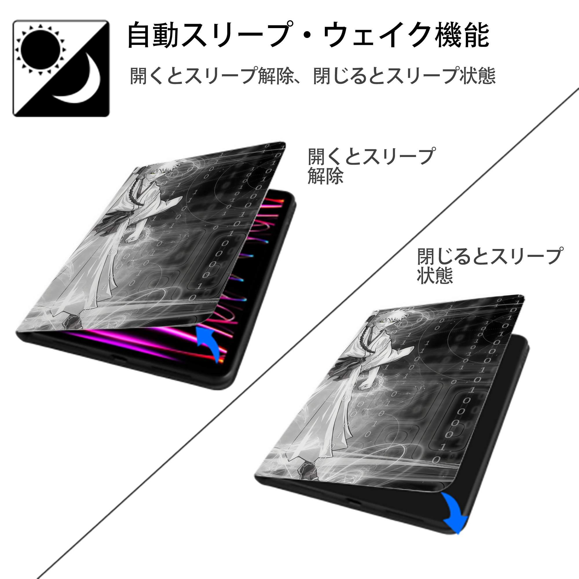 ブリーチ BLEACH IPad ケース ブック型 PUレザー TPU 耐衝撃 軽量 薄型 ペン収納なし 全面保護 IPad 各モデル対応