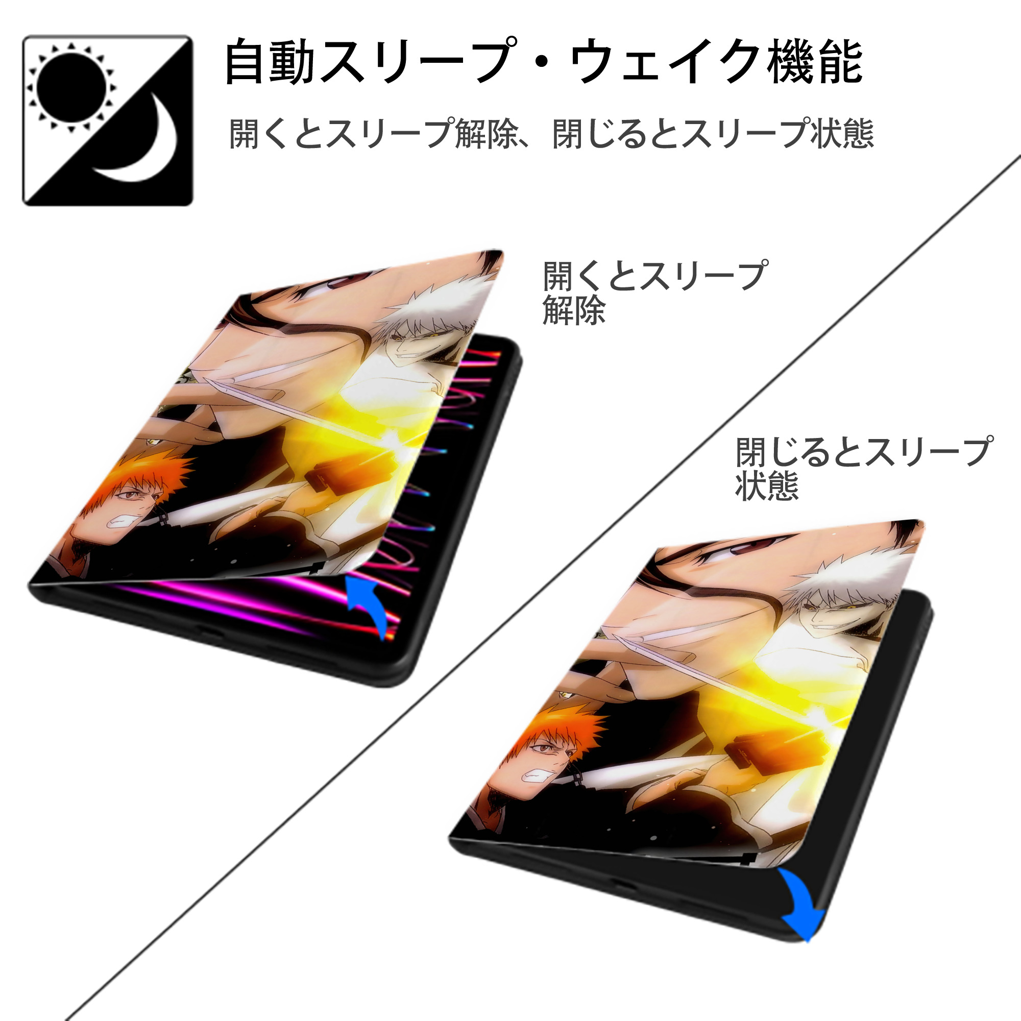ブリーチ BLEACH IPad ケース ブック型 PUレザー TPU 耐衝撃 軽量 薄型 ペン収納なし 全面保護 IPad 各モデル対応