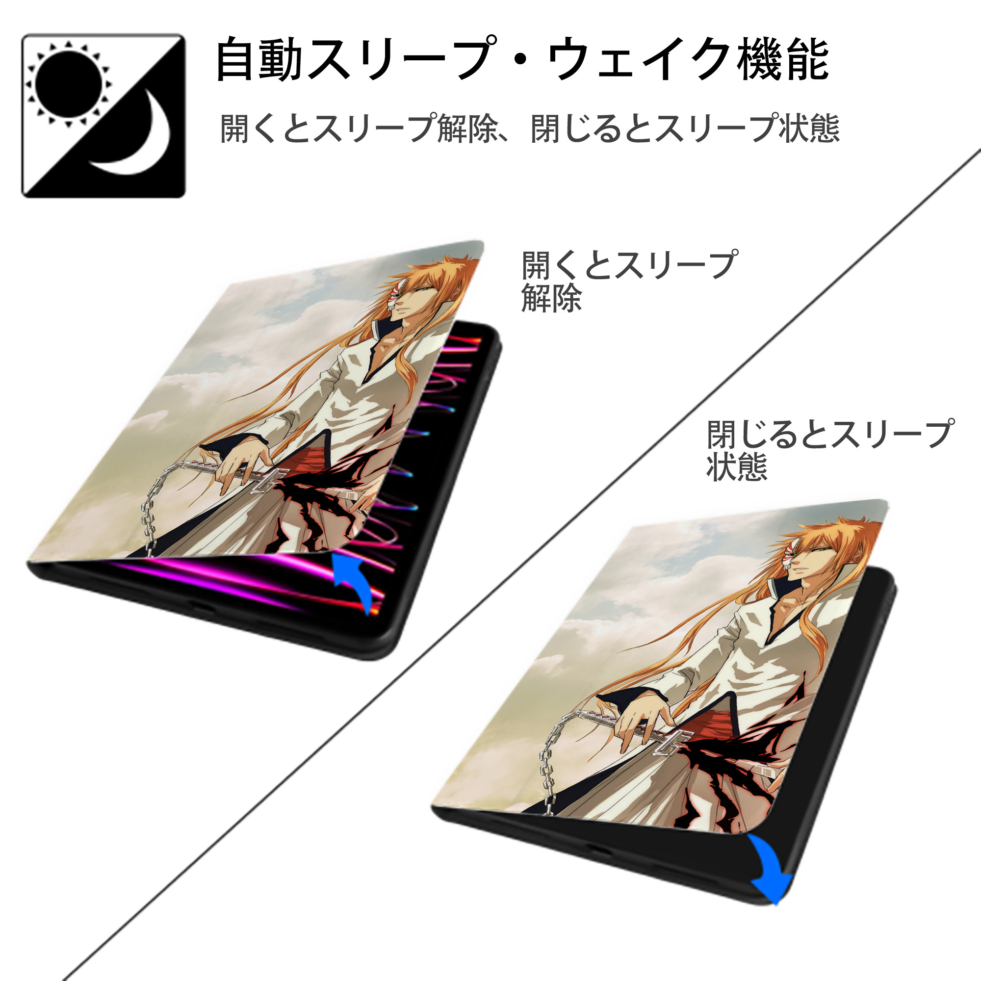ブリーチ BLEACH IPad ケース ブック型 PUレザー TPU 耐衝撃 軽量 薄型 ペン収納なし 全面保護 IPad 各モデル対応