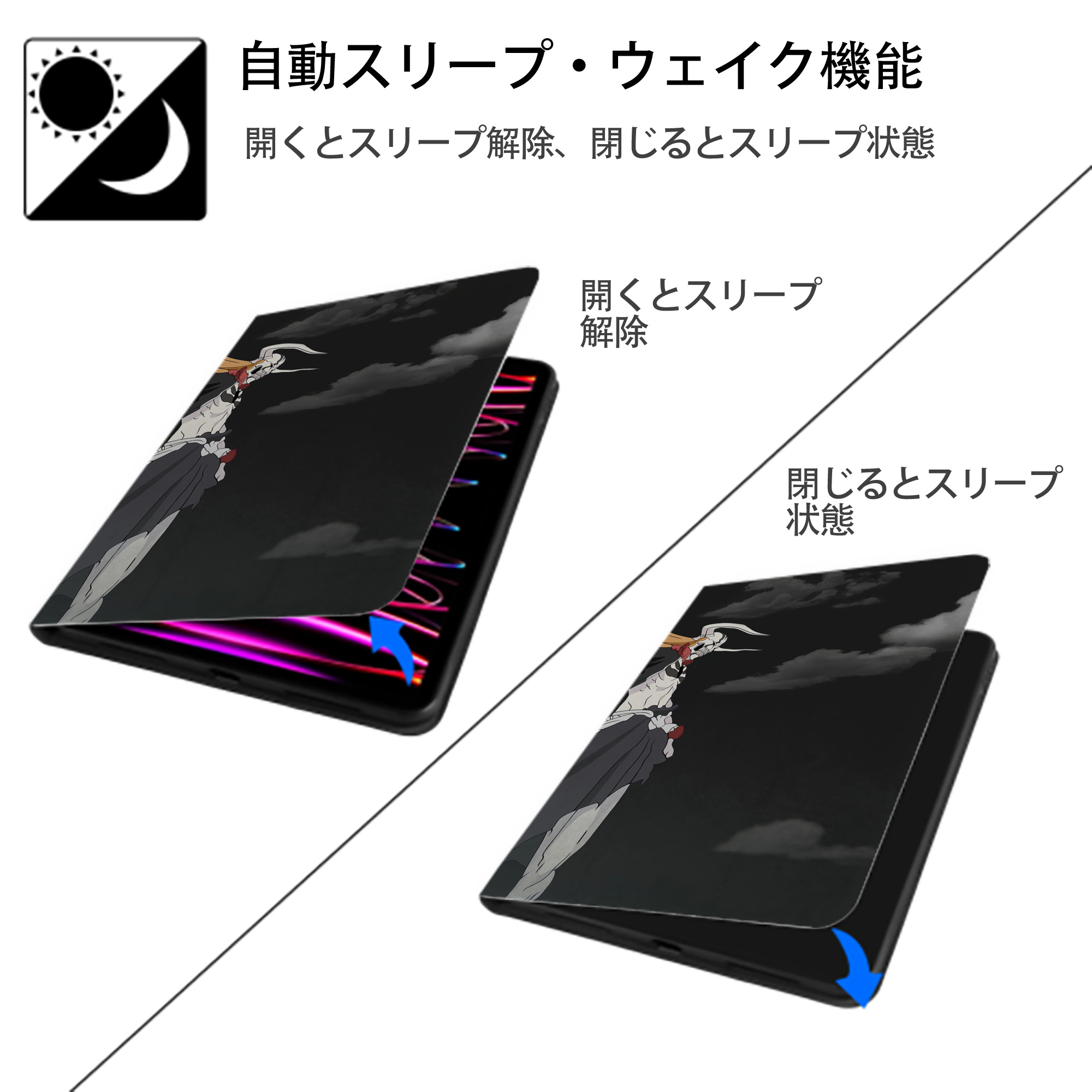 ブリーチ BLEACH IPad ケース ブック型 PUレザー TPU 耐衝撃 軽量 薄型 ペン収納なし 全面保護 IPad 各モデル対応
