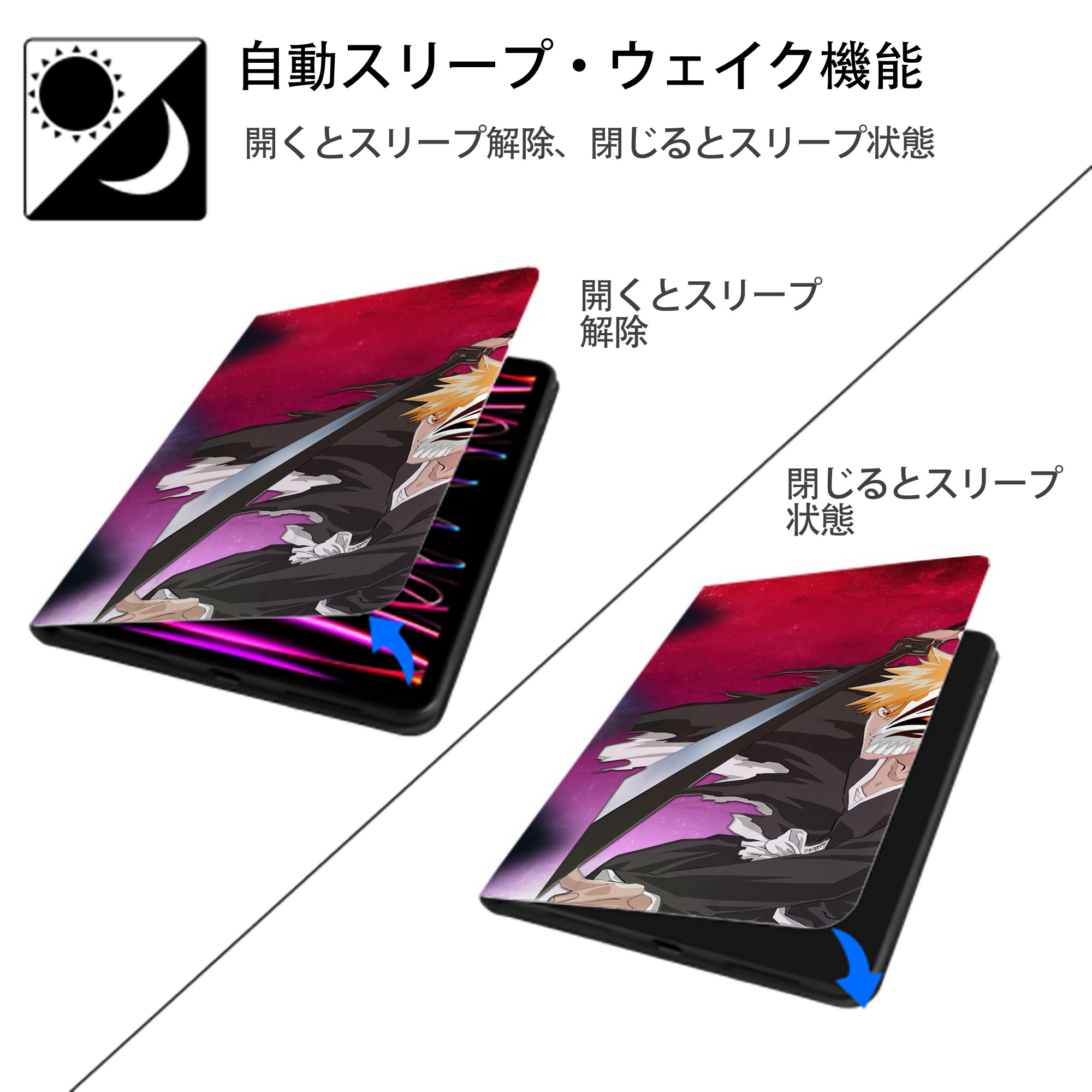 ブリーチ BLEACH IPad ケース ブック型 PUレザー TPU 耐衝撃 軽量 薄型 ペン収納なし 全面保護 IPad 各モデル対応