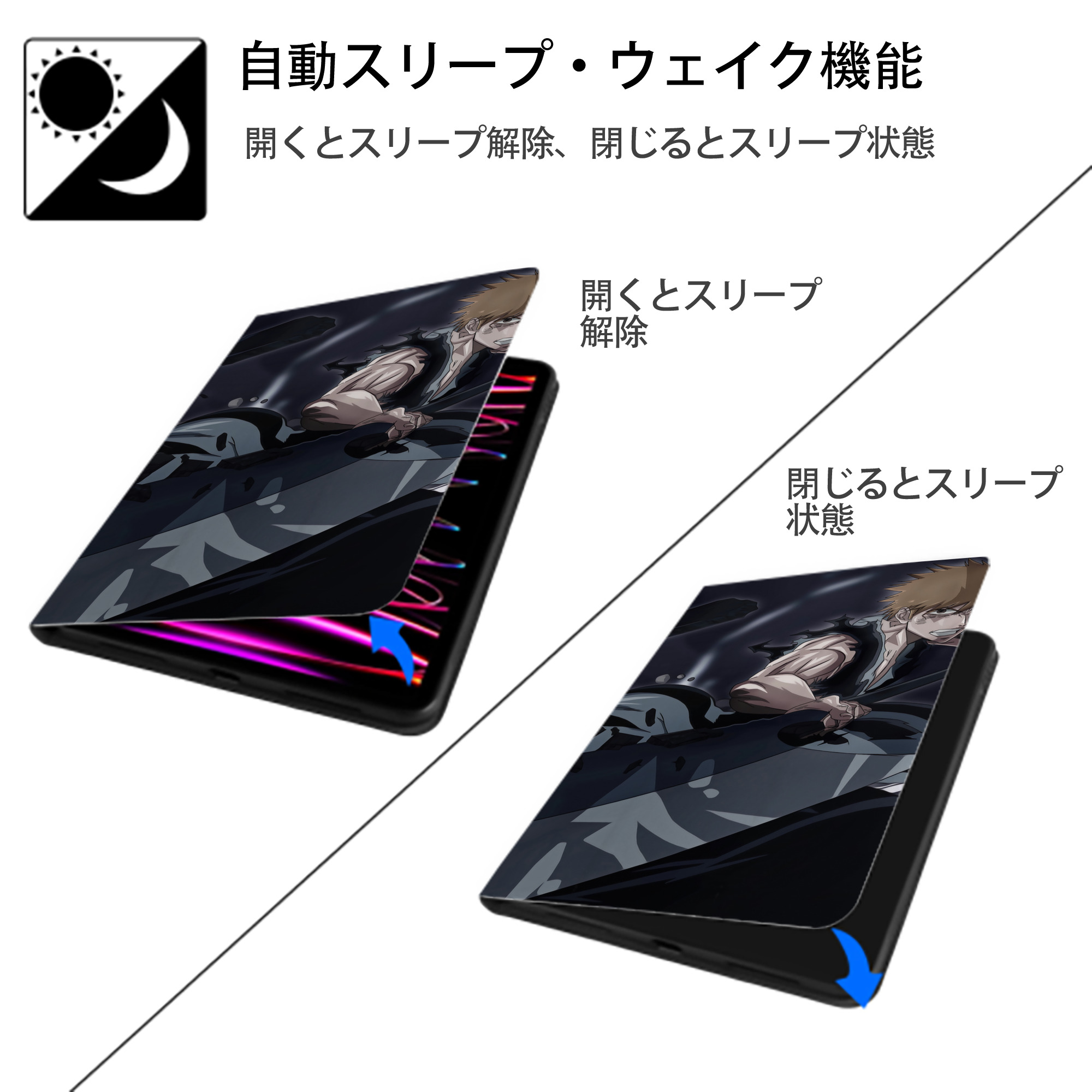 ブリーチ BLEACH IPad ケース ブック型 PUレザー TPU 耐衝撃 軽量 薄型 ペン収納なし 全面保護 IPad 各モデル対応