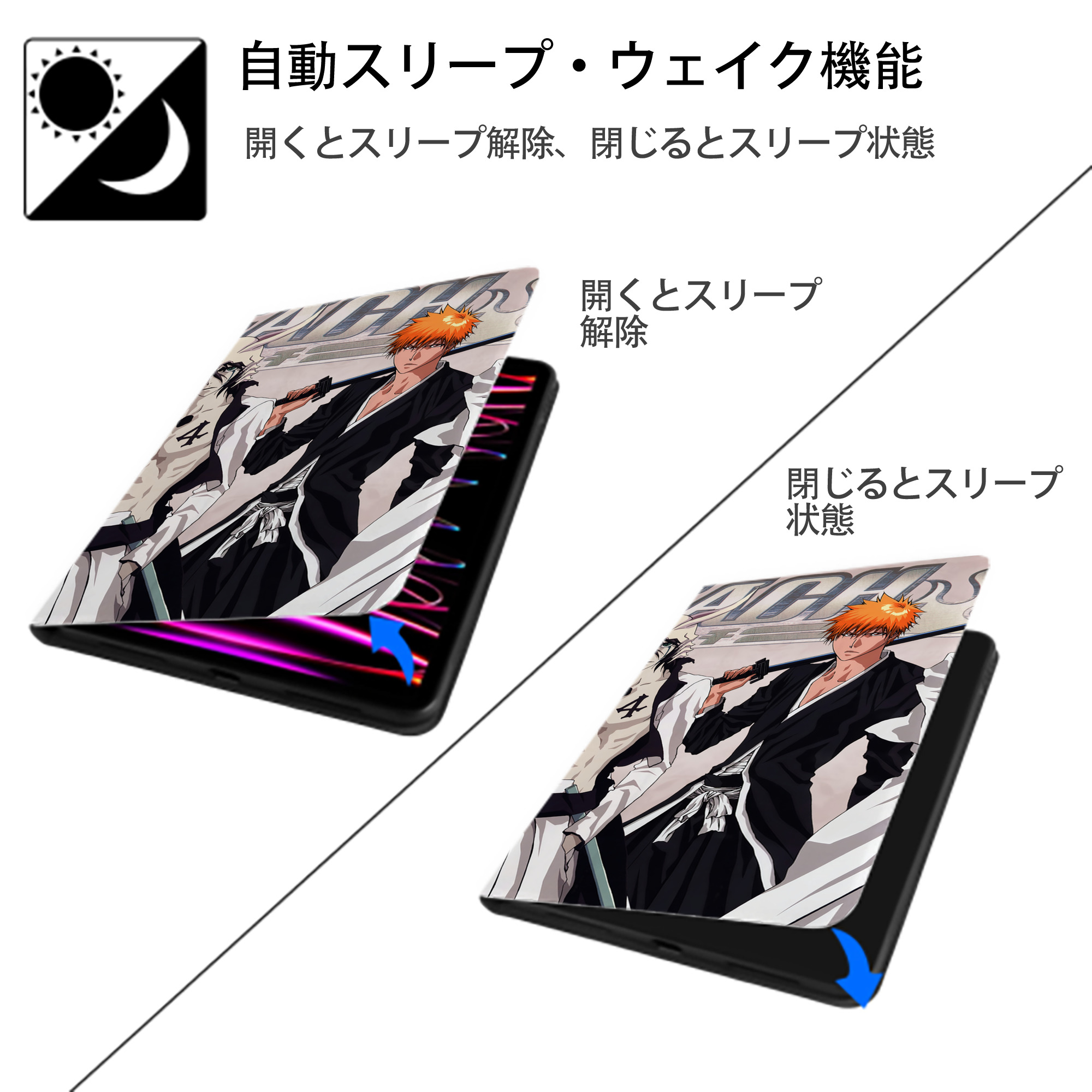 ブリーチ BLEACH IPad ケース ブック型 PUレザー TPU 耐衝撃 軽量 薄型 ペン収納なし 全面保護 IPad 各モデル対応