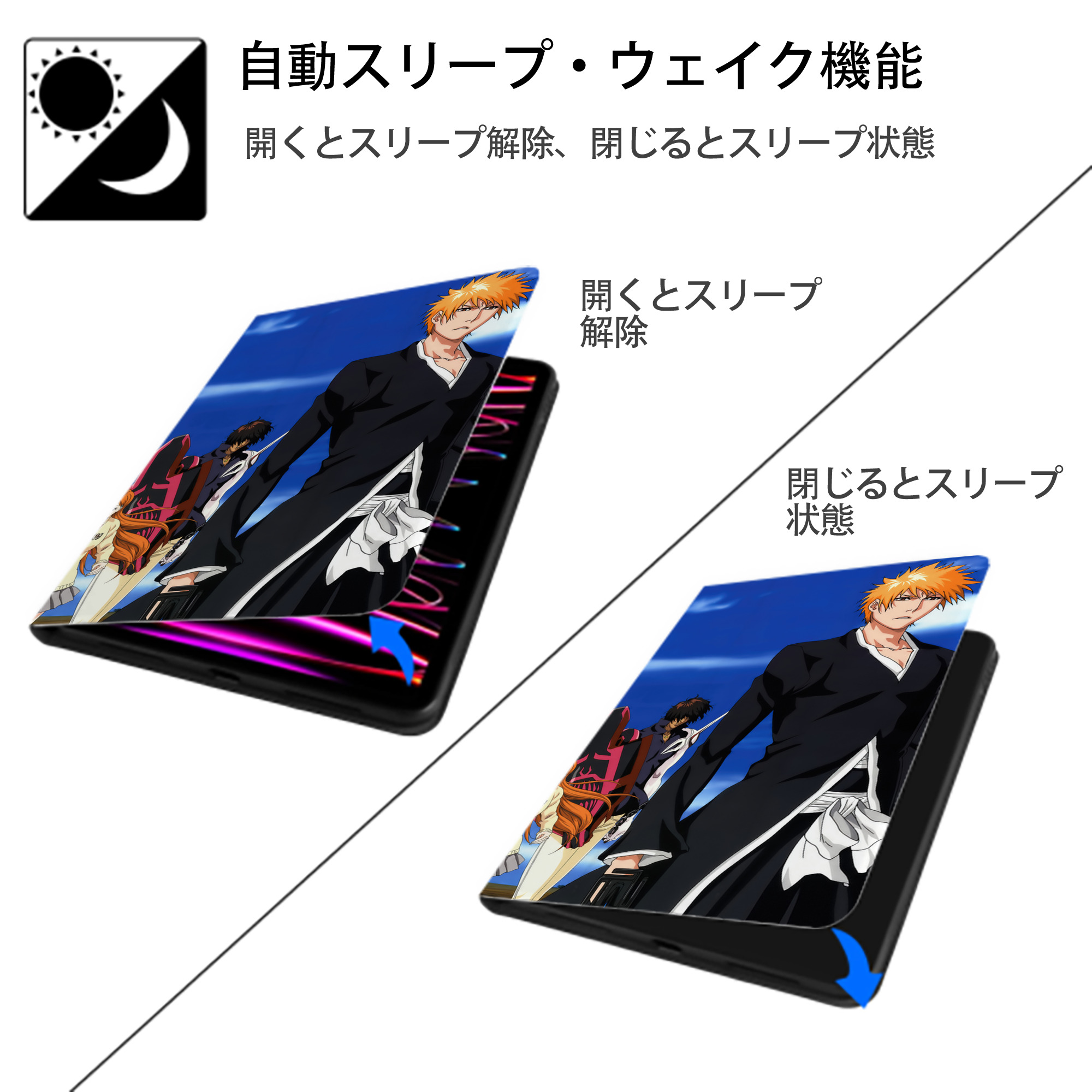 ブリーチ BLEACH IPad ケース ブック型 PUレザー TPU 耐衝撃 軽量 薄型 ペン収納なし 全面保護 IPad 各モデル対応