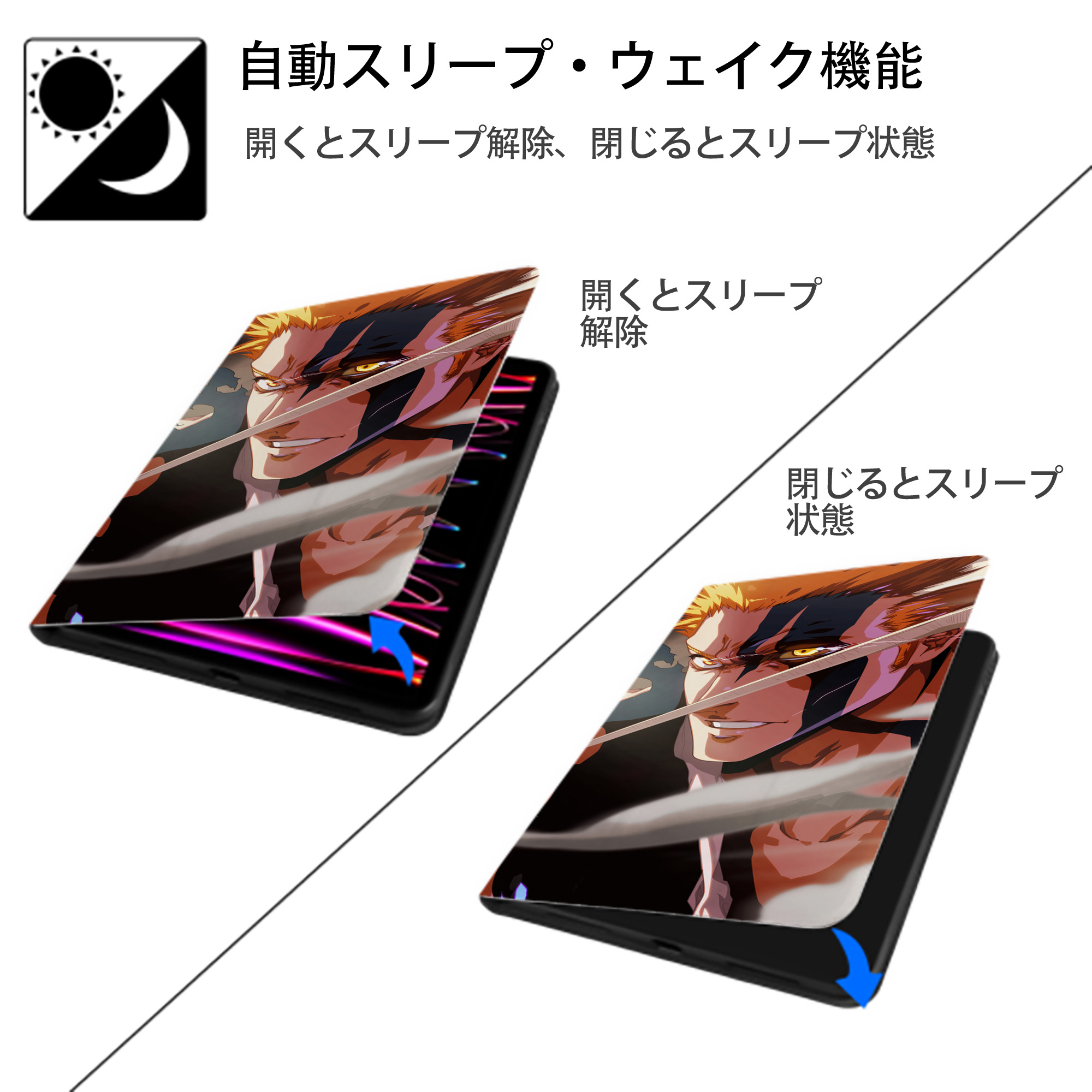 ブリーチ BLEACH IPad ケース ブック型 PUレザー TPU 耐衝撃 軽量 薄型 ペン収納なし 全面保護 IPad 各モデル対応