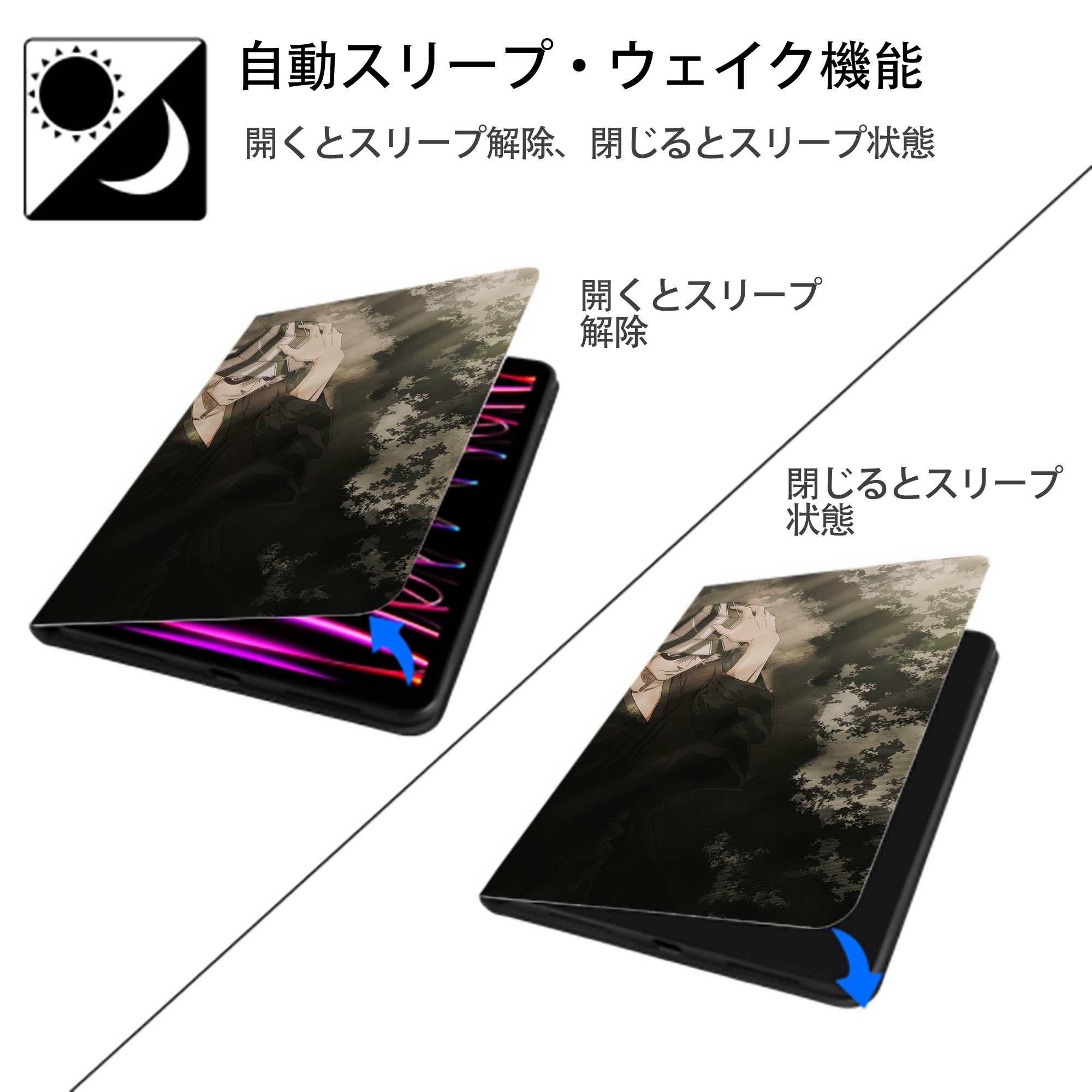 ブリーチ BLEACH IPad ケース ブック型 PUレザー TPU 耐衝撃 軽量 薄型 ペン収納なし 全面保護 IPad 各モデル対応
