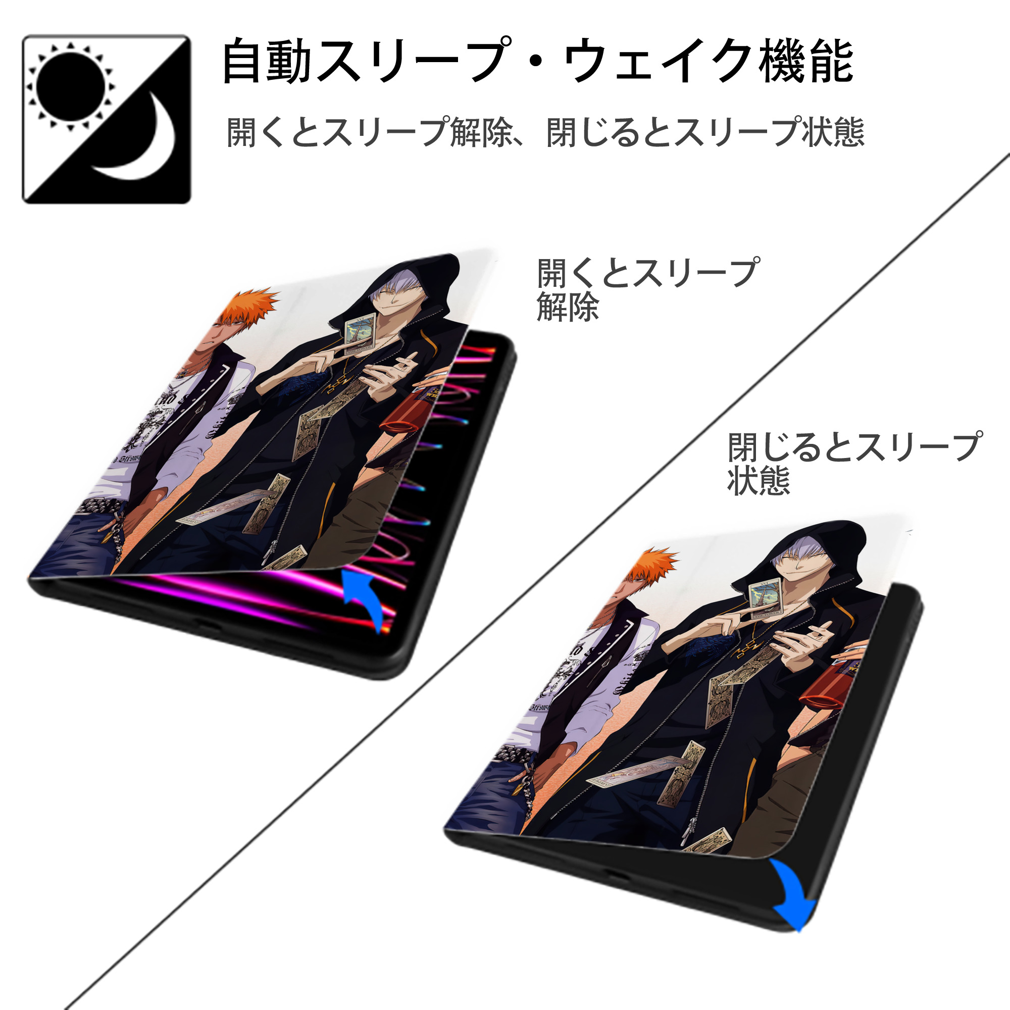 ブリーチ BLEACH IPad ケース ブック型 PUレザー TPU 耐衝撃 軽量 薄型 ペン収納なし 全面保護 IPad 各モデル対応