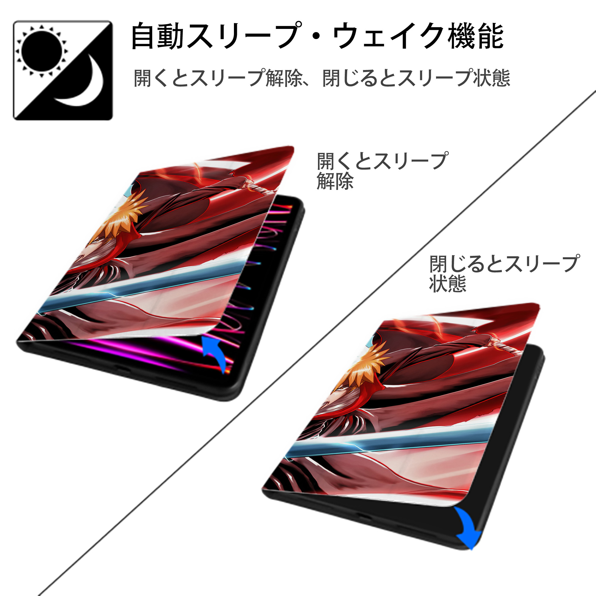 ブリーチ BLEACH IPad ケース ブック型 PUレザー TPU 耐衝撃 軽量 薄型 ペン収納なし 全面保護 IPad 各モデル対応