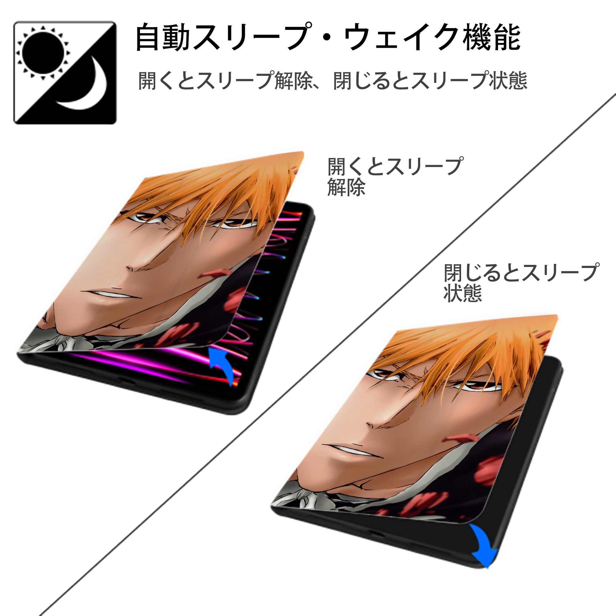 ブリーチ BLEACH IPad ケース ブック型 PUレザー TPU 耐衝撃 軽量 薄型 ペン収納なし 全面保護 IPad 各モデル対応