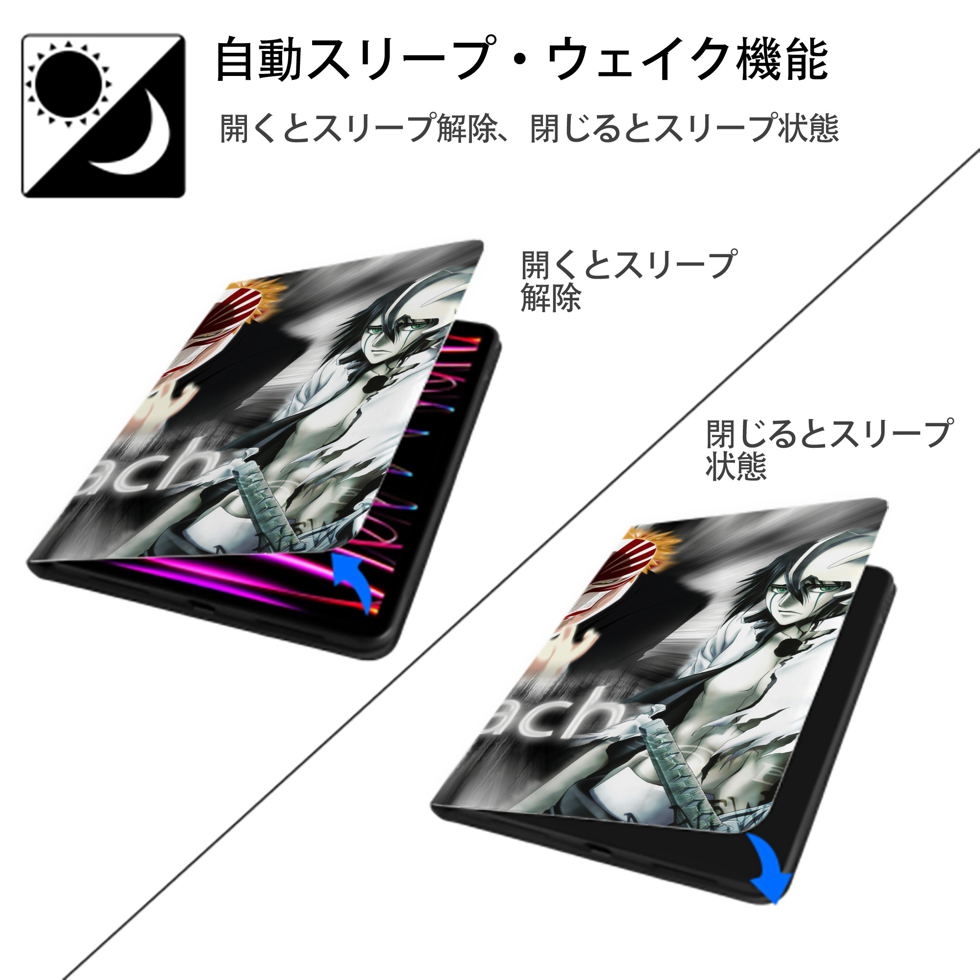 ブリーチ BLEACH IPad ケース ブック型 PUレザー TPU 耐衝撃 軽量 薄型 ペン収納なし 全面保護 IPad 各モデル対応