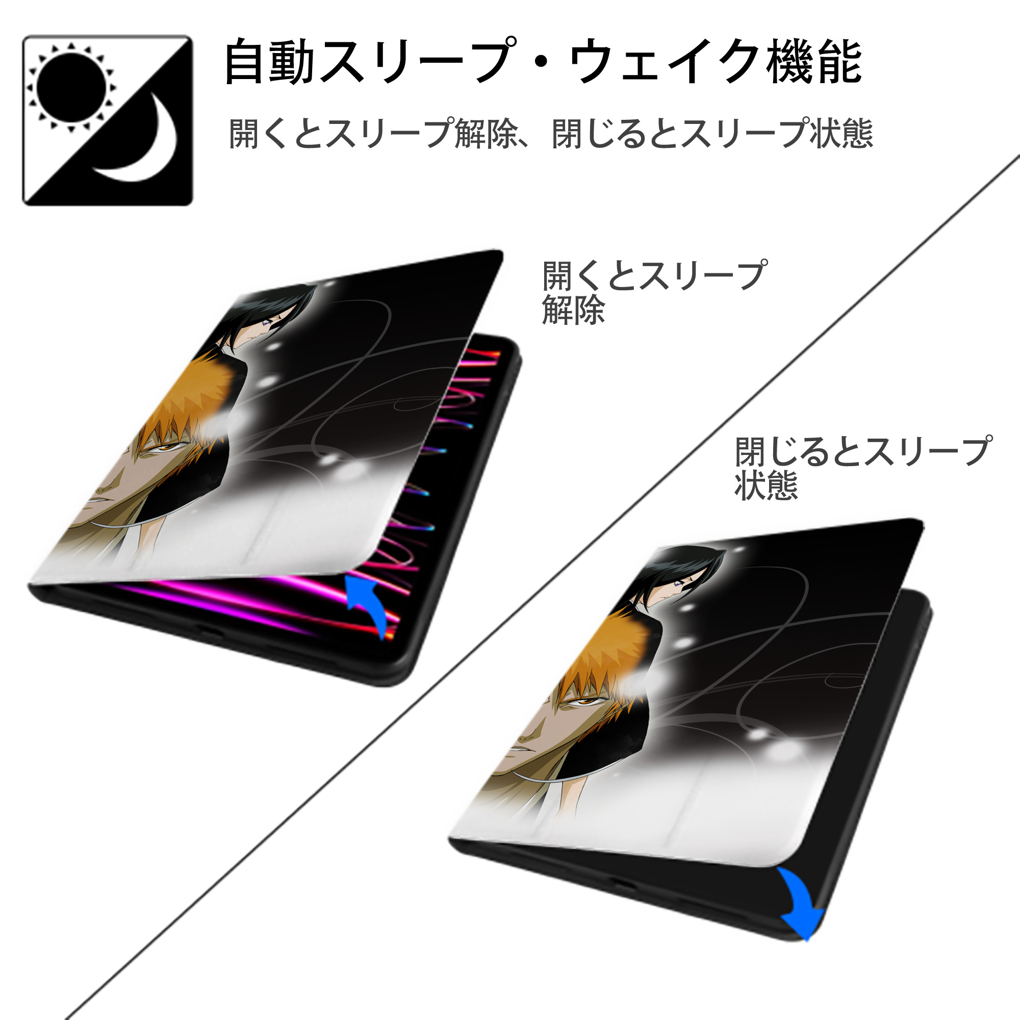 ブリーチ BLEACH IPad ケース ブック型 PUレザー TPU 耐衝撃 軽量 薄型 ペン収納なし 全面保護 IPad 各モデル対応