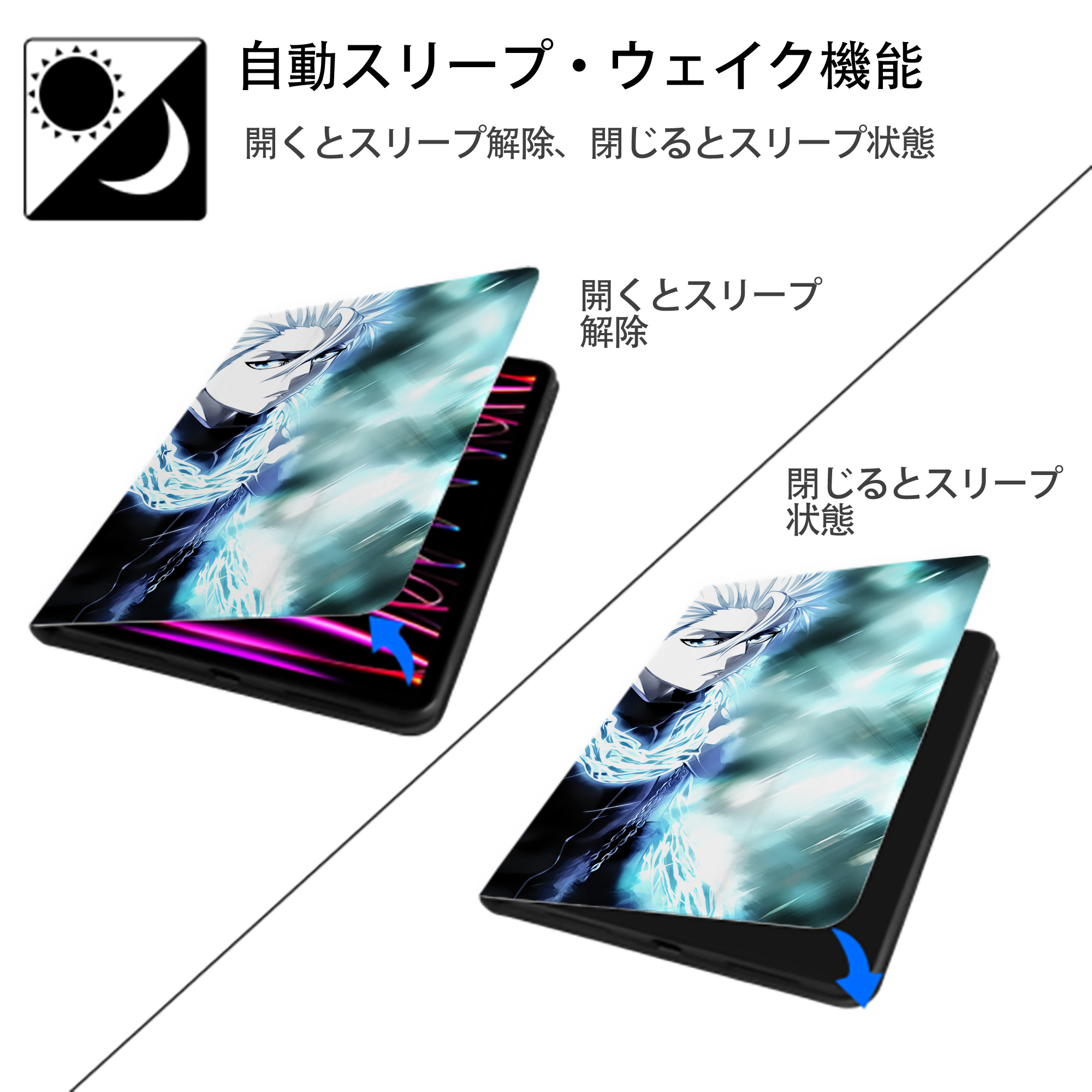 ブリーチ BLEACH IPad ケース ブック型 PUレザー TPU 耐衝撃 軽量 薄型 ペン収納なし 全面保護 IPad 各モデル対応