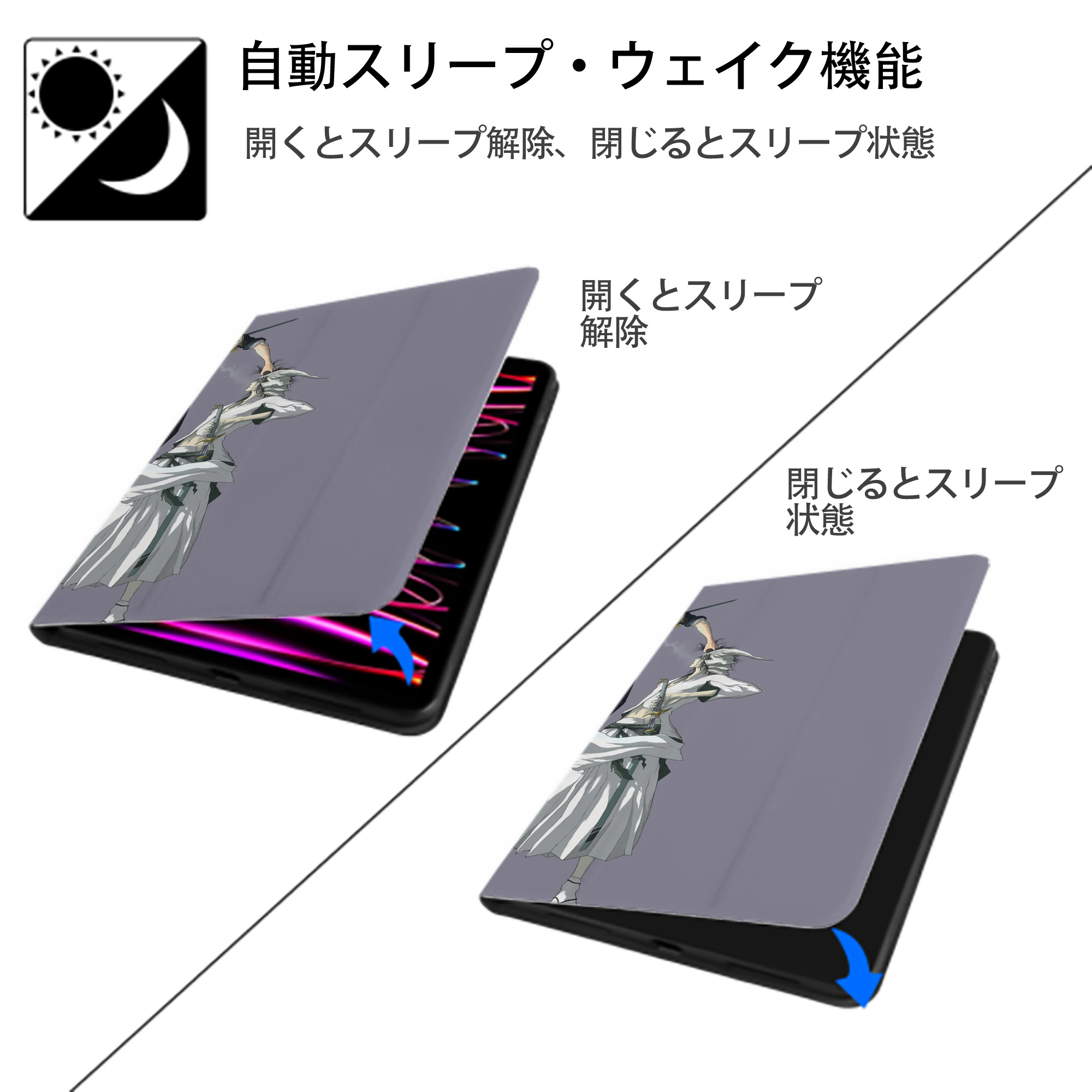 ブリーチ BLEACH IPad ケース ブック型 PUレザー TPU 耐衝撃 軽量 薄型 ペン収納なし 全面保護 IPad 各モデル対応