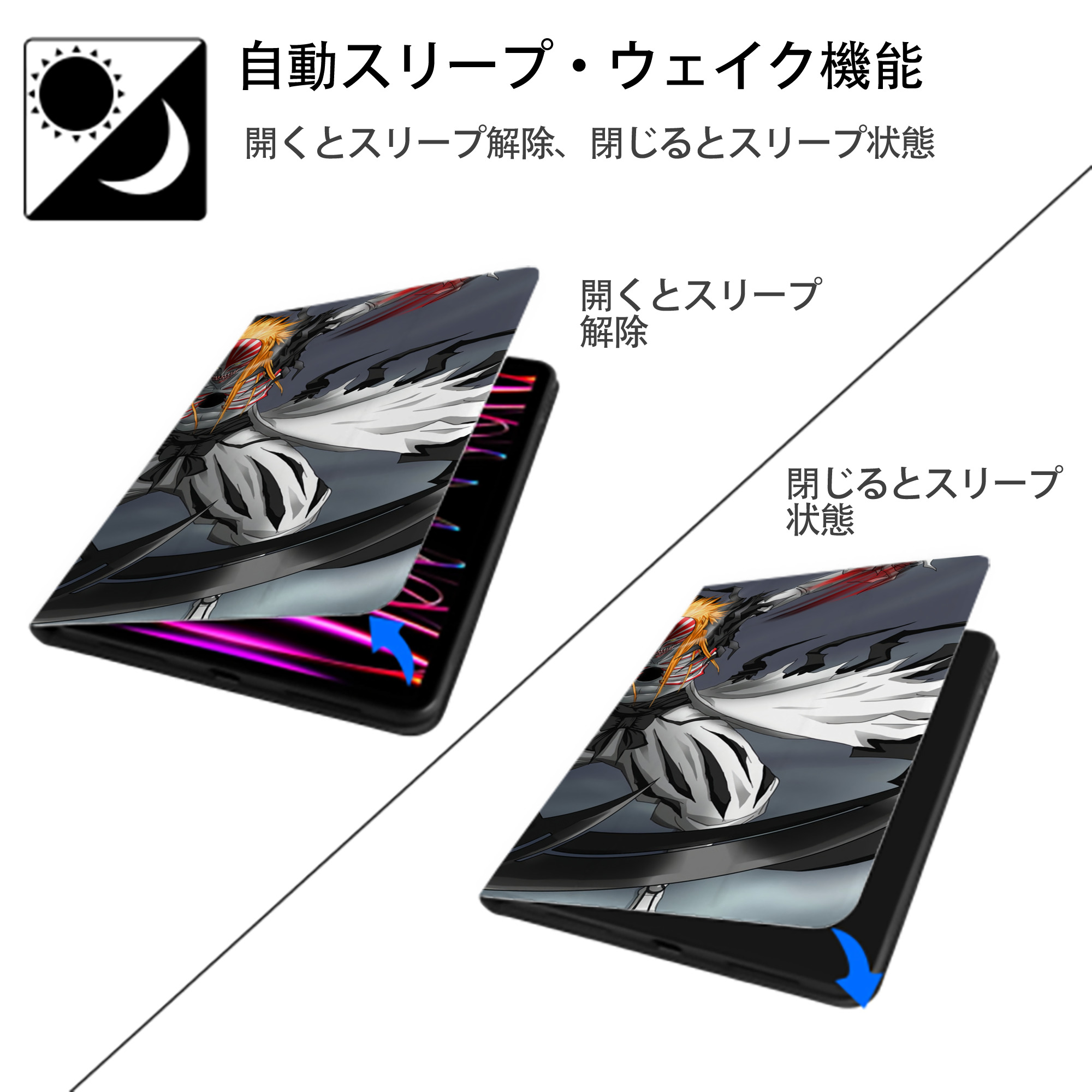 ブリーチ BLEACH IPad ケース ブック型 PUレザー TPU 耐衝撃 軽量 薄型 ペン収納なし 全面保護 IPad 各モデル対応