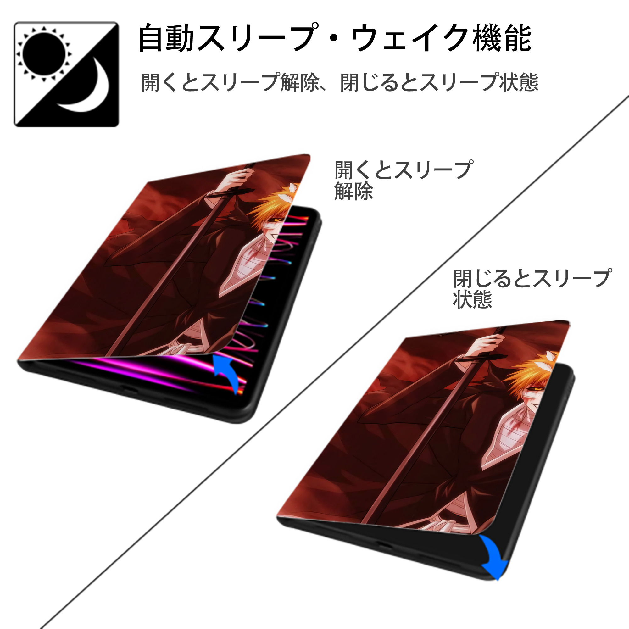 ブリーチ BLEACH IPad ケース ブック型 PUレザー TPU 耐衝撃 軽量 薄型 ペン収納なし 全面保護 IPad 各モデル対応