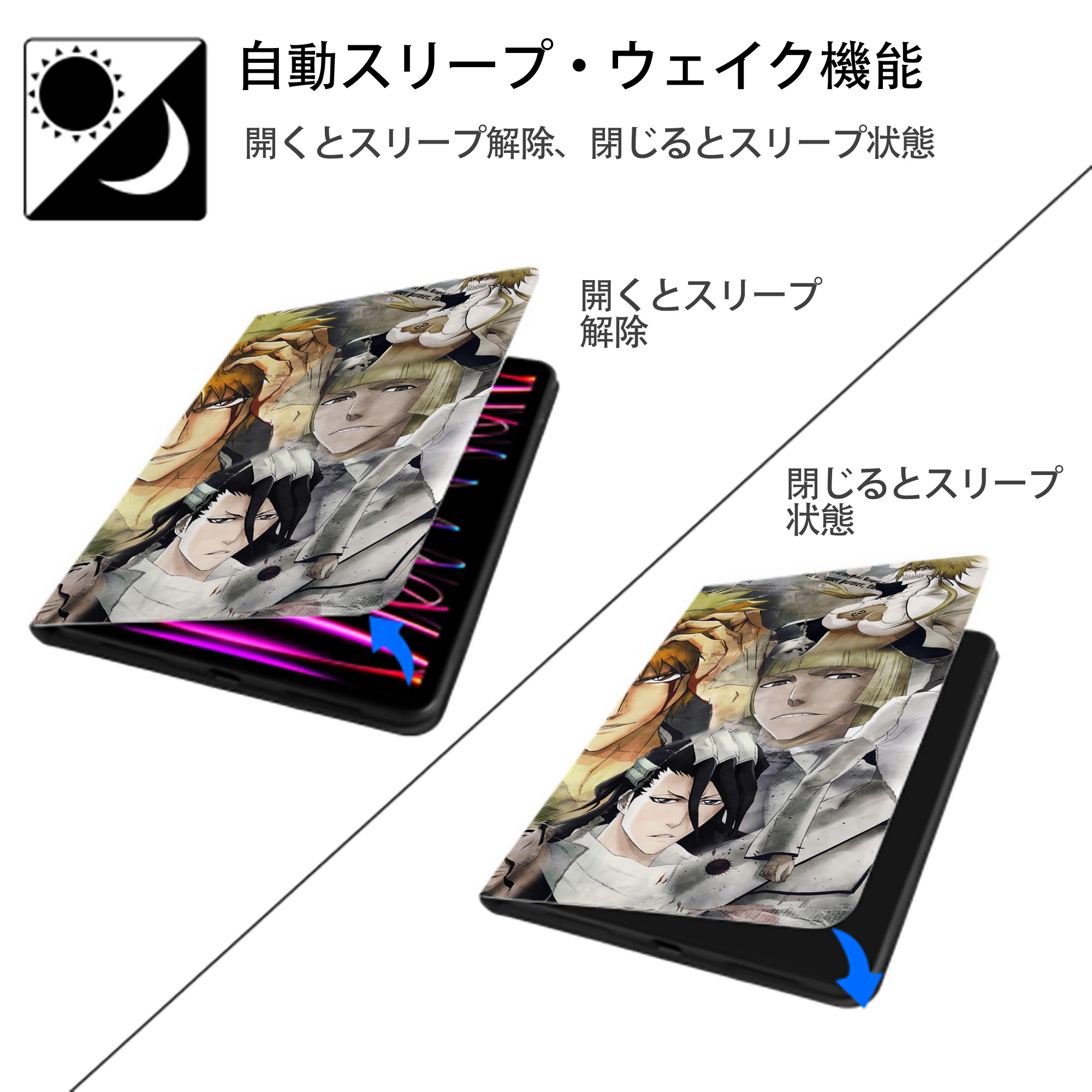 ブリーチ BLEACH IPad ケース ブック型 PUレザー TPU 耐衝撃 軽量 薄型 ペン収納なし 全面保護 IPad 各モデル対応