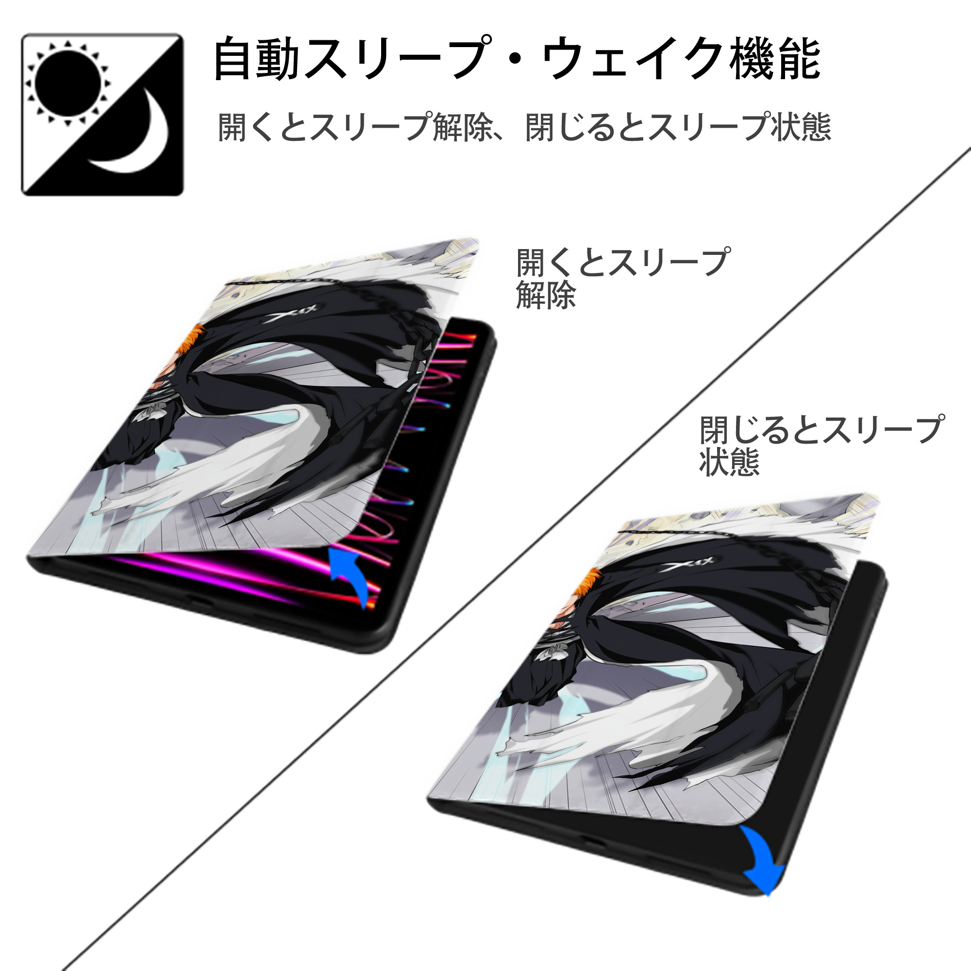 ブリーチ BLEACH IPad ケース ブック型 PUレザー TPU 耐衝撃 軽量 薄型 ペン収納なし 全面保護 IPad 各モデル対応