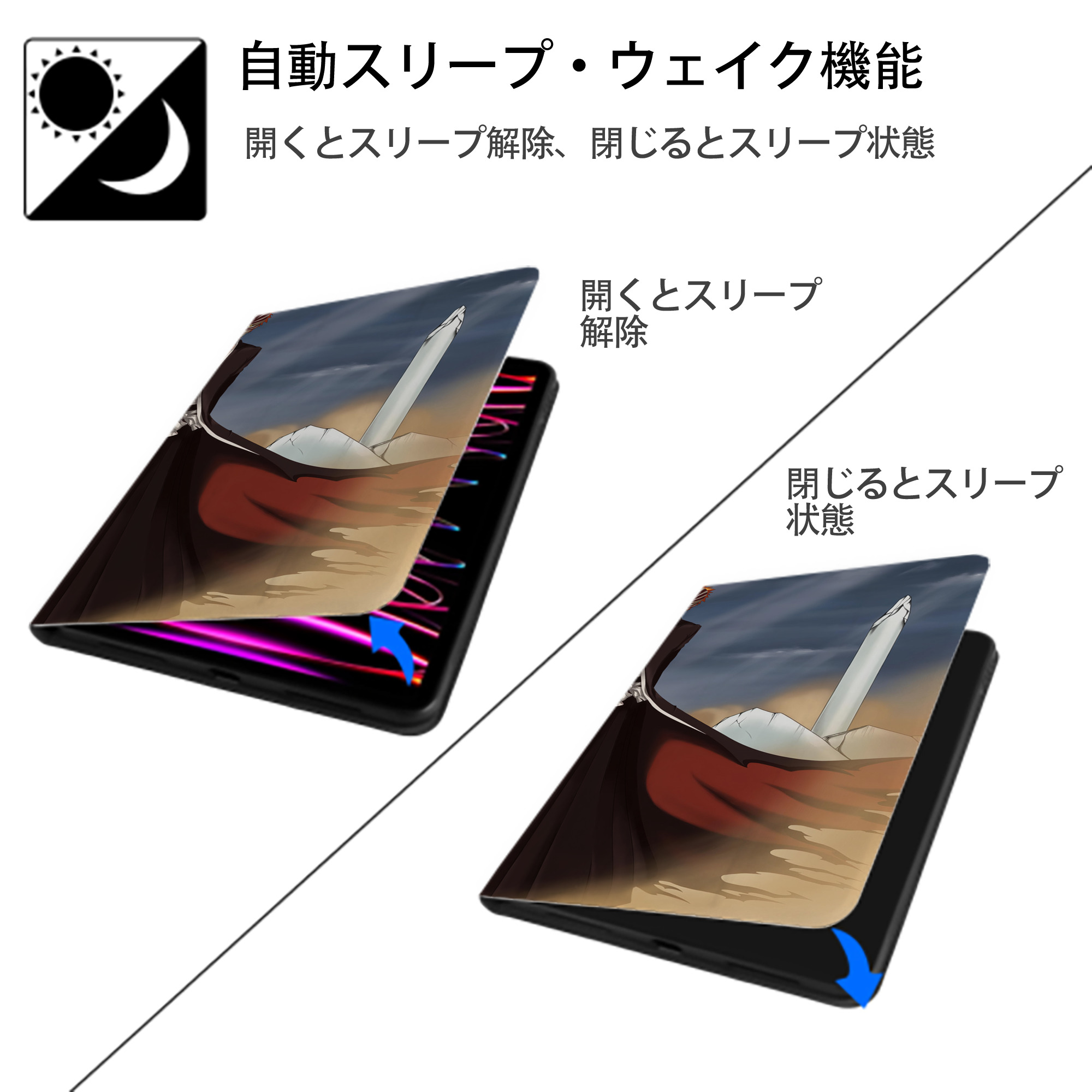 ブリーチ BLEACH IPad ケース ブック型 PUレザー TPU 耐衝撃 軽量 薄型 ペン収納なし 全面保護 IPad 各モデル対応