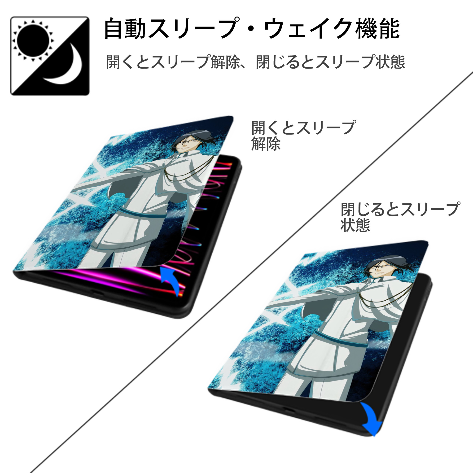ブリーチ BLEACH IPad ケース ブック型 PUレザー TPU 耐衝撃 軽量 薄型 ペン収納なし 全面保護 IPad 各モデル対応