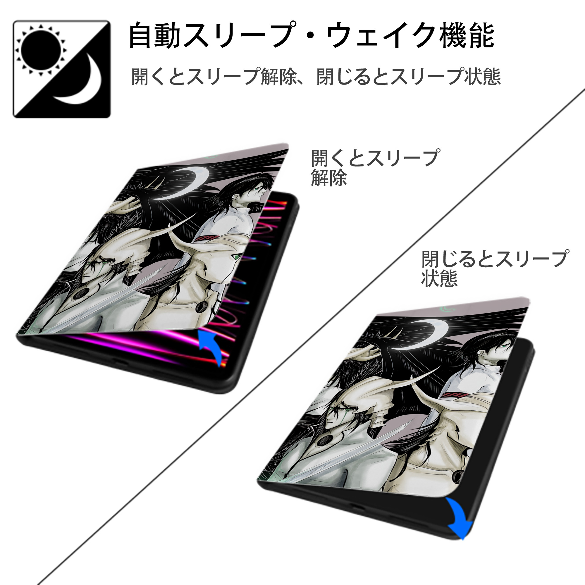 ブリーチ BLEACH IPad ケース ブック型 PUレザー TPU 耐衝撃 軽量 薄型 ペン収納なし 全面保護 IPad 各モデル対応