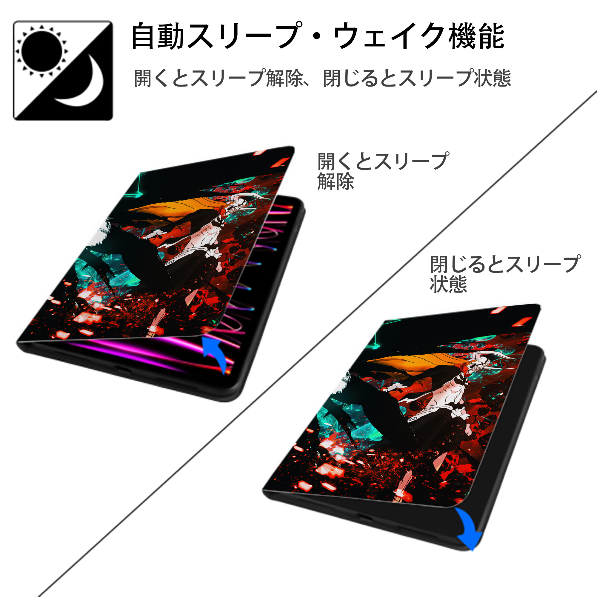ブリーチ BLEACH IPad ケース ブック型 PUレザー TPU 耐衝撃 軽量 薄型 ペン収納なし 全面保護 IPad 各モデル対応
