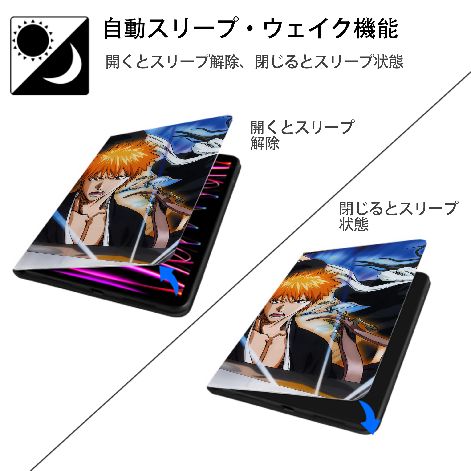 ブリーチ BLEACH IPadケース ペンホルダー付き ブックスタイルデザイン