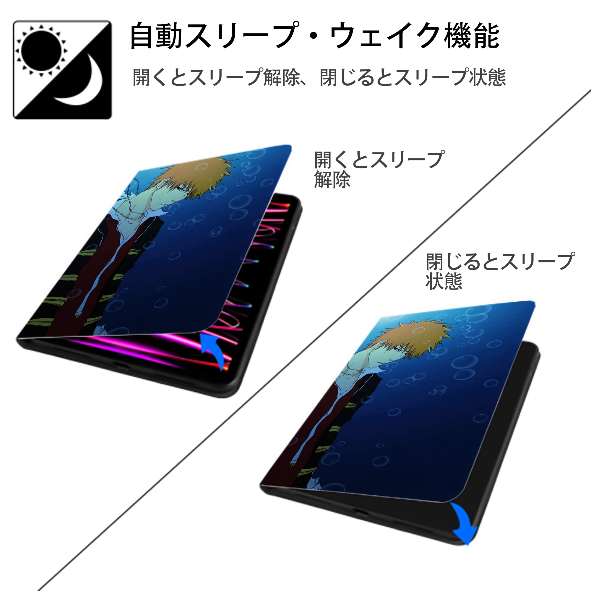 ブリーチ BLEACH IPadケース ペンホルダー付き ブックスタイルデザイン