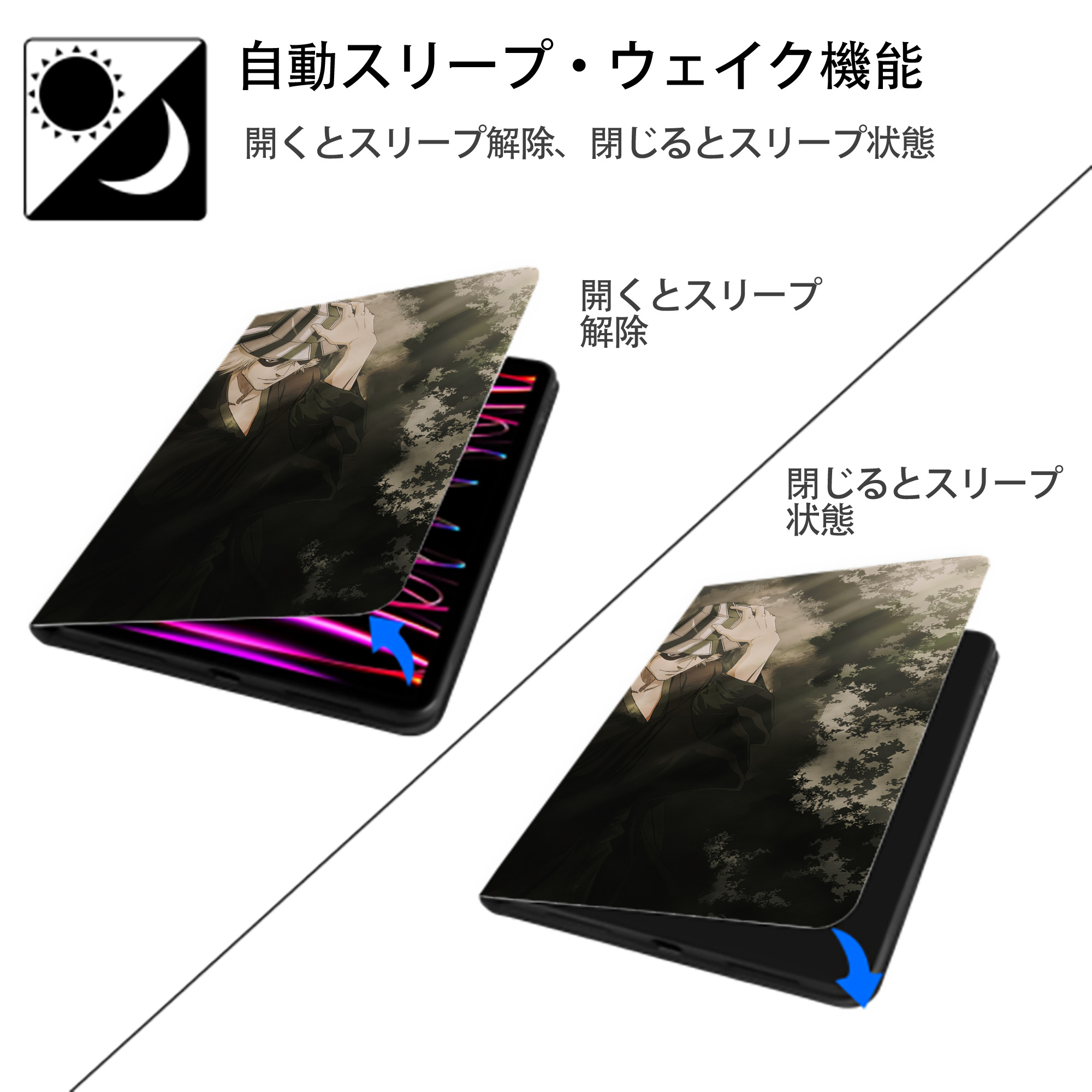 ブリーチ BLEACH IPadケース ペンホルダー付き ブックスタイルデザイン
