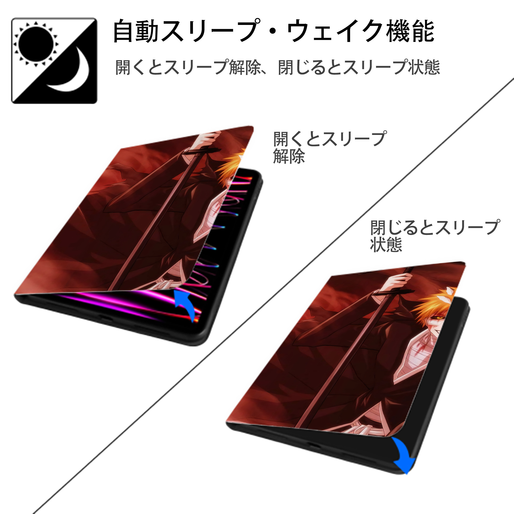 ブリーチ BLEACH IPadケース ペンホルダー付き ブックスタイルデザイン