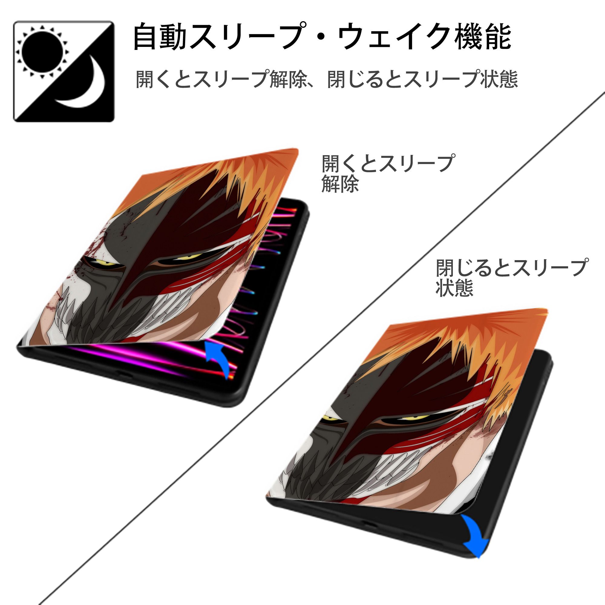 ブリーチ BLEACH IPadケース ペンホルダー付き ブックスタイルデザイン