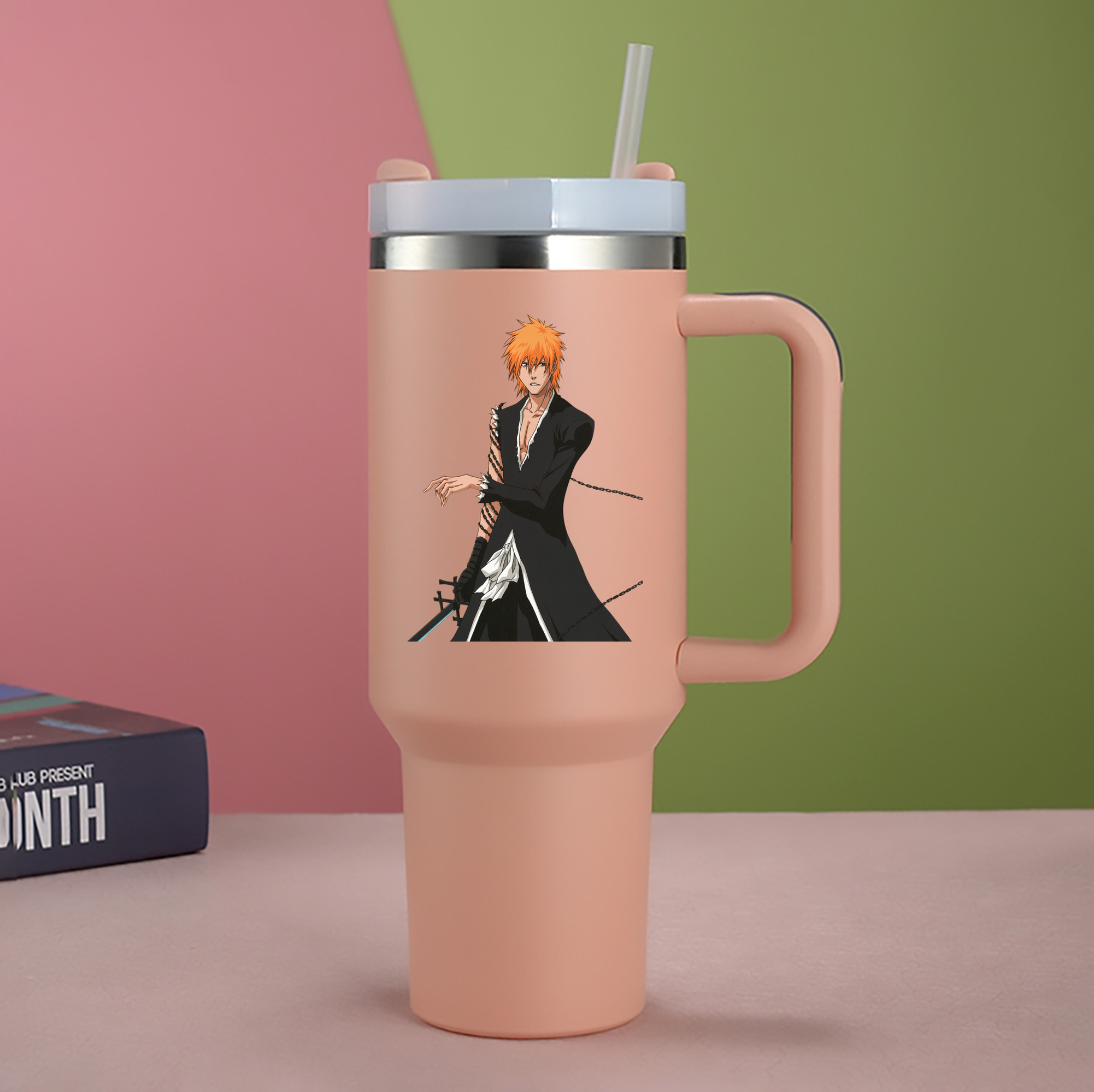 （画像用） ブリーチ 黒崎一護（くろさき いちご）BLEACH Kurosaki Ichigo 1200mL車用タンブラー - クリスタルステッカー（プラスチックストロー付き）