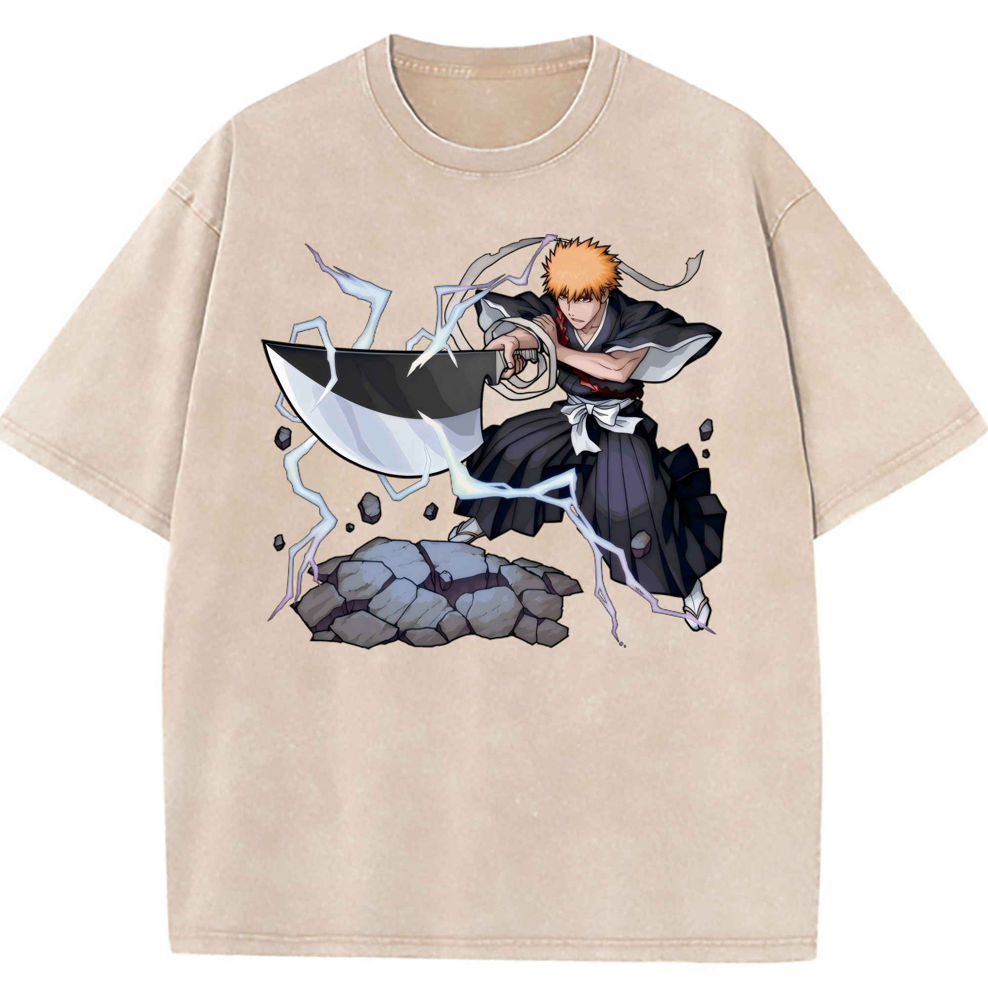 （画像用） ブリーチ 黒崎一護（くろさき いちご）BLEACH Kurosaki Ichigo 綿100% ヴィンテージ風 半袖Tシャツ（フロントプリント）