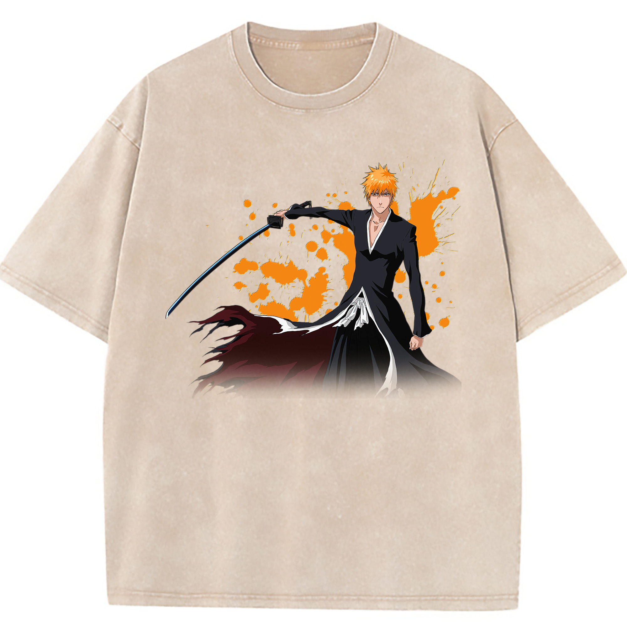 （画像用） ブリーチ 黒崎一護（くろさき いちご）BLEACH Kurosaki Ichigo 綿100% ヴィンテージ風 半袖Tシャツ（フロントプリント）