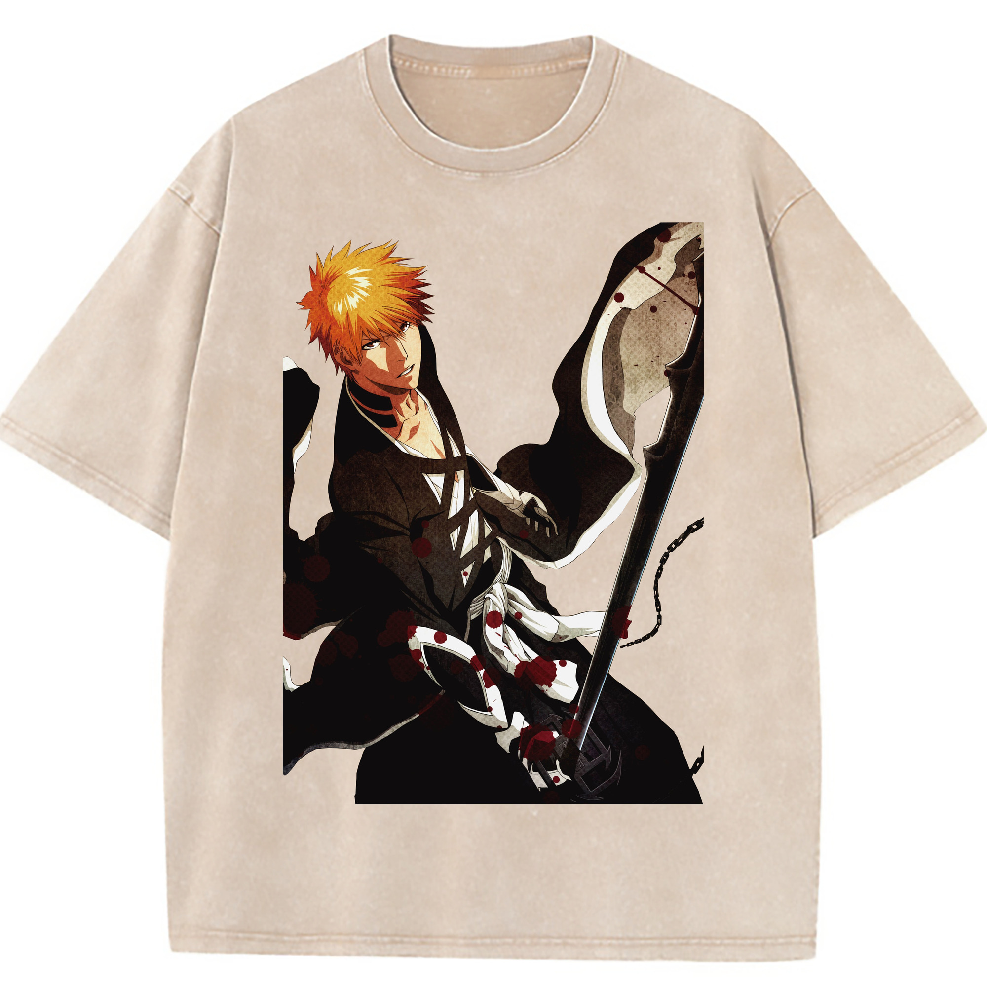 （画像用） ブリーチ 黒崎一護（くろさき いちご）BLEACH Kurosaki Ichigo 綿100% ヴィンテージ風 半袖Tシャツ（フロントプリント）