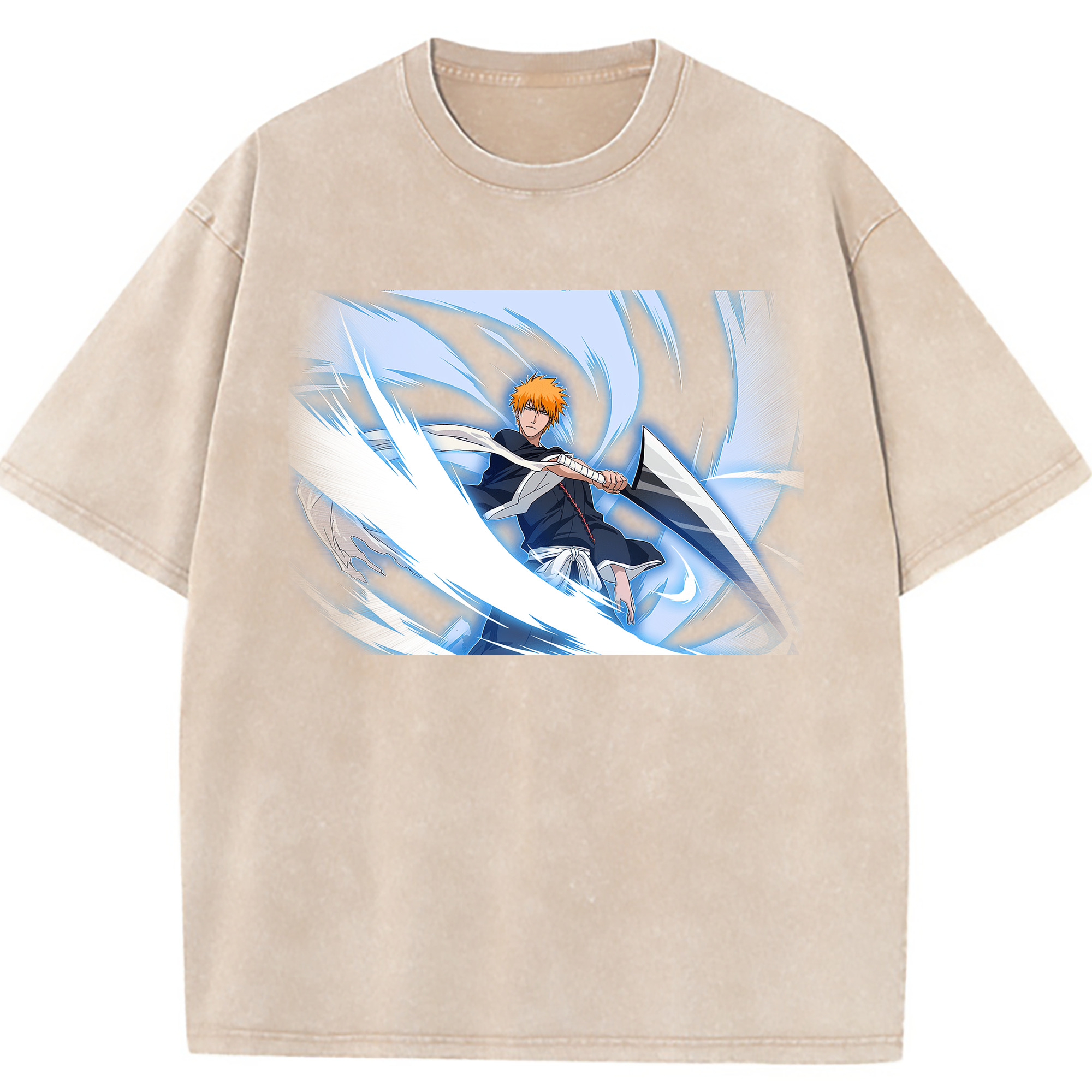 （画像用） ブリーチ 黒崎一護（くろさき いちご）BLEACH Kurosaki Ichigo 綿100% ヴィンテージ風 半袖Tシャツ（フロントプリント）