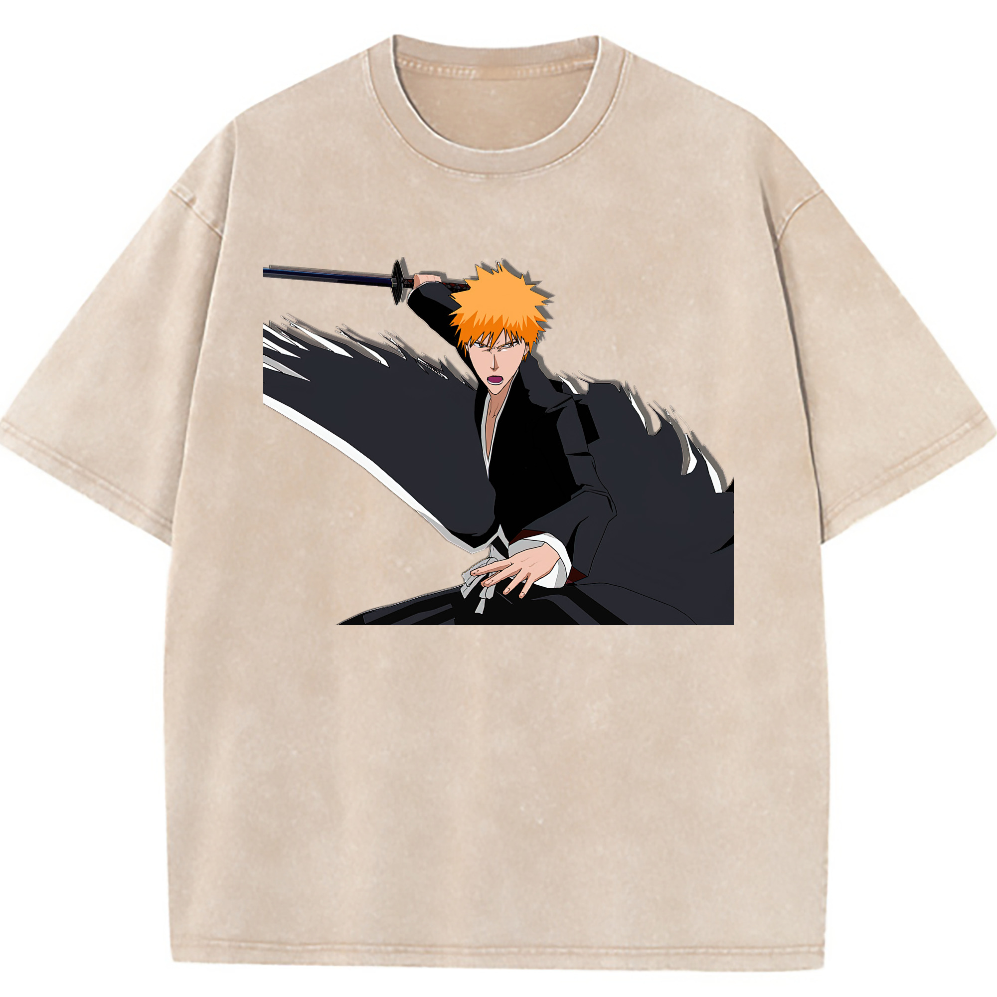 （画像用） ブリーチ 黒崎一護（くろさき いちご）BLEACH Kurosaki Ichigo 綿100% ヴィンテージ風 半袖Tシャツ（フロントプリント）