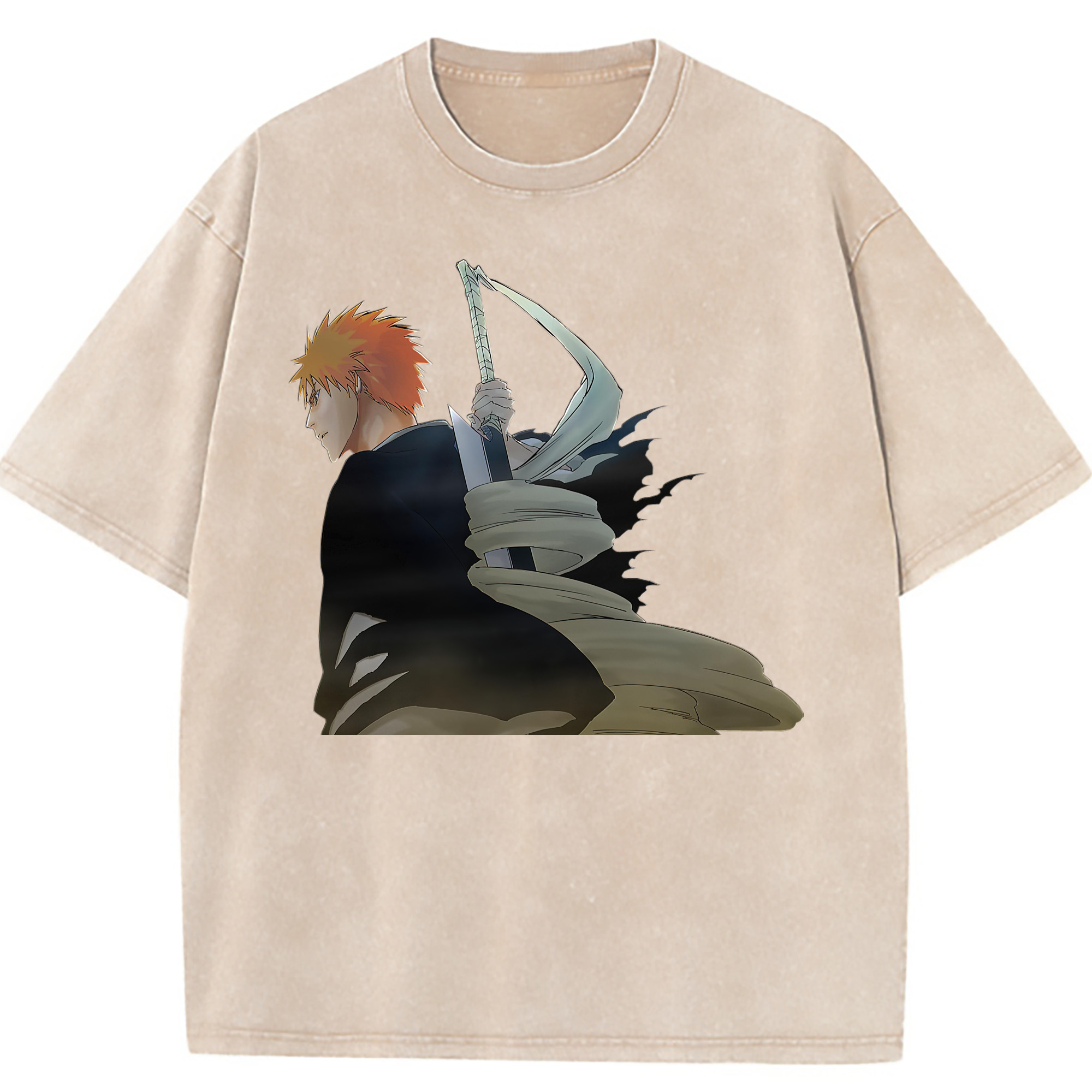 （画像用） ブリーチ 黒崎一護（くろさき いちご）BLEACH Kurosaki Ichigo 綿100% ヴィンテージ風 半袖Tシャツ（フロントプリント）