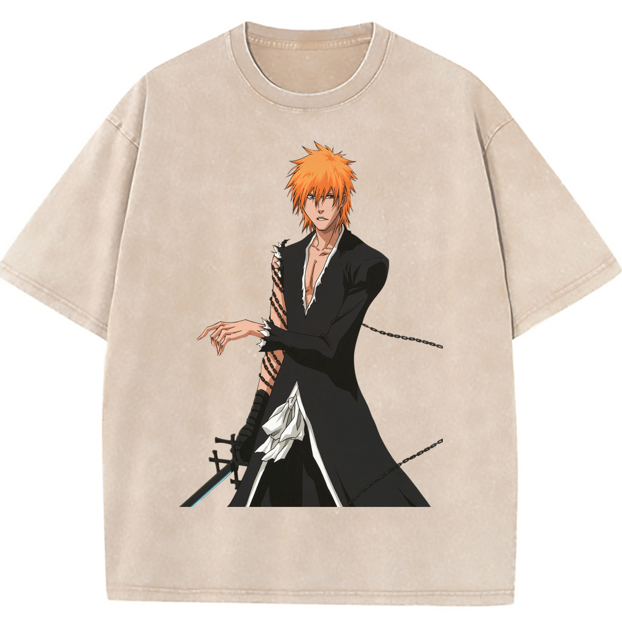 （画像用） ブリーチ 黒崎一護（くろさき いちご）BLEACH Kurosaki Ichigo 綿100% ヴィンテージ風 半袖Tシャツ（フロントプリント）
