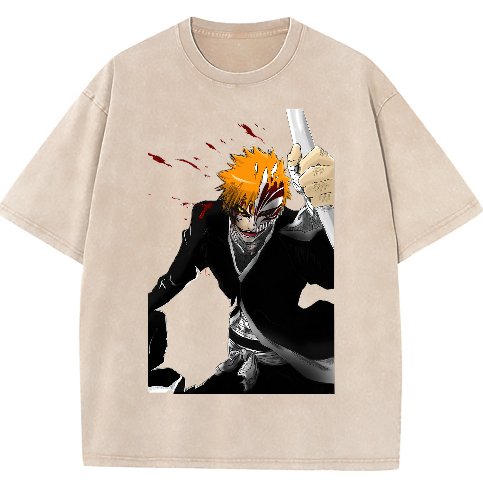 （画像用） ブリーチ 黒崎一護（くろさき いちご）BLEACH Kurosaki Ichigo 綿100% ヴィンテージ風 半袖Tシャツ（フロントプリント）