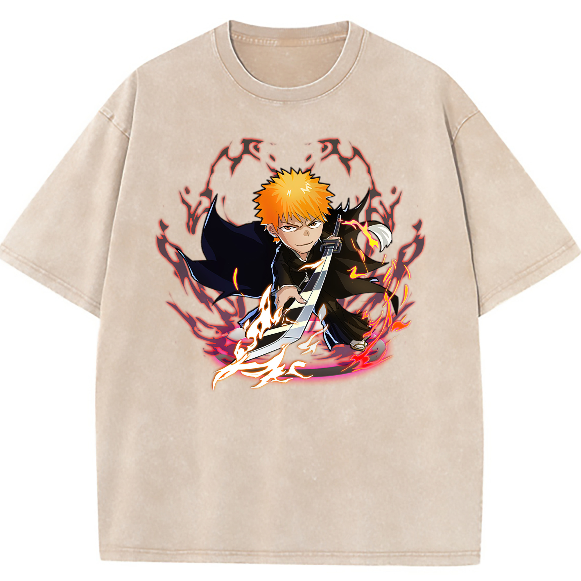 （画像用） ブリーチ 黒崎一護（くろさき いちご）BLEACH Kurosaki Ichigo 綿100% ヴィンテージ風 半袖Tシャツ（フロントプリント）