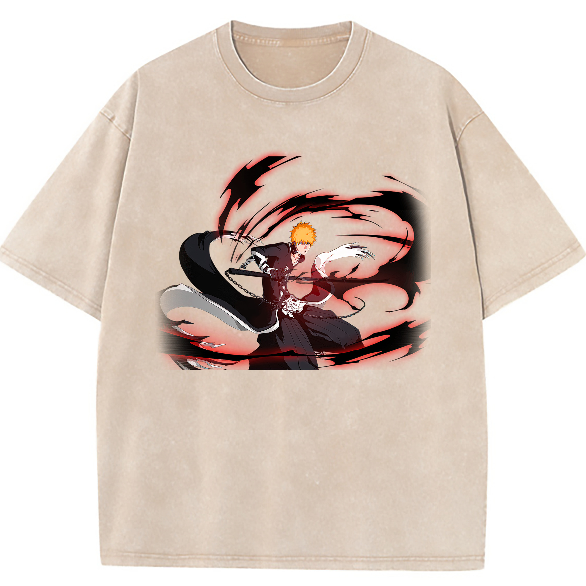 （画像用） ブリーチ 黒崎一護（くろさき いちご）BLEACH Kurosaki Ichigo 綿100% ヴィンテージ風 半袖Tシャツ（フロントプリント）