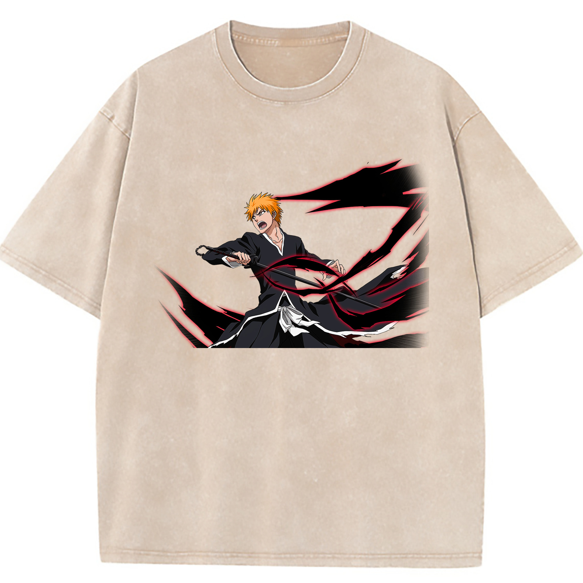 （画像用） ブリーチ 黒崎一護（くろさき いちご）BLEACH Kurosaki Ichigo 綿100% ヴィンテージ風 半袖Tシャツ（フロントプリント）