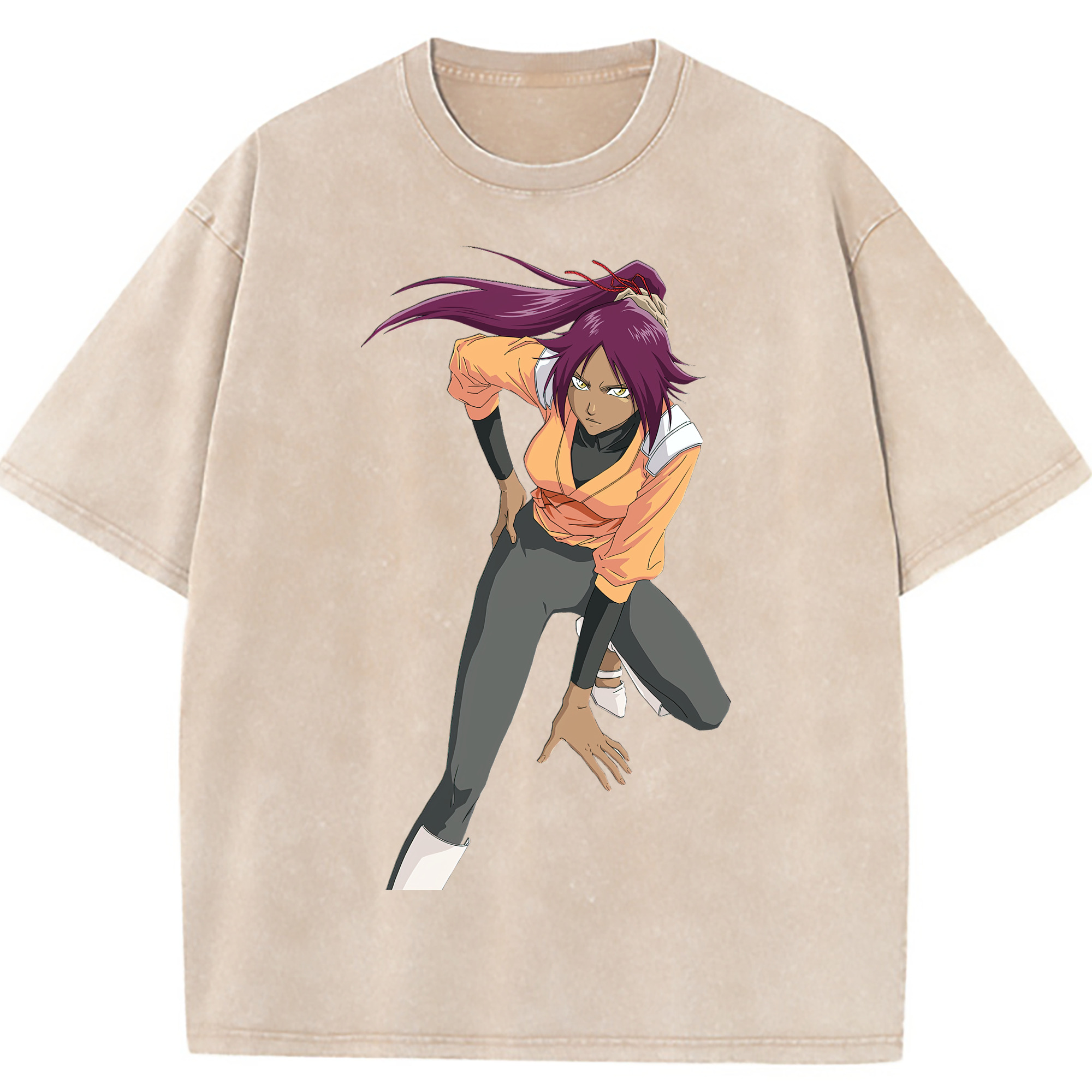 （画像用） ブリーチ 四楓院 夜一（しほういん よるいち） BLEACH Shihouin Yoruichi 綿100% ヴィンテージ風 半袖Tシャツ（フロントプリント）