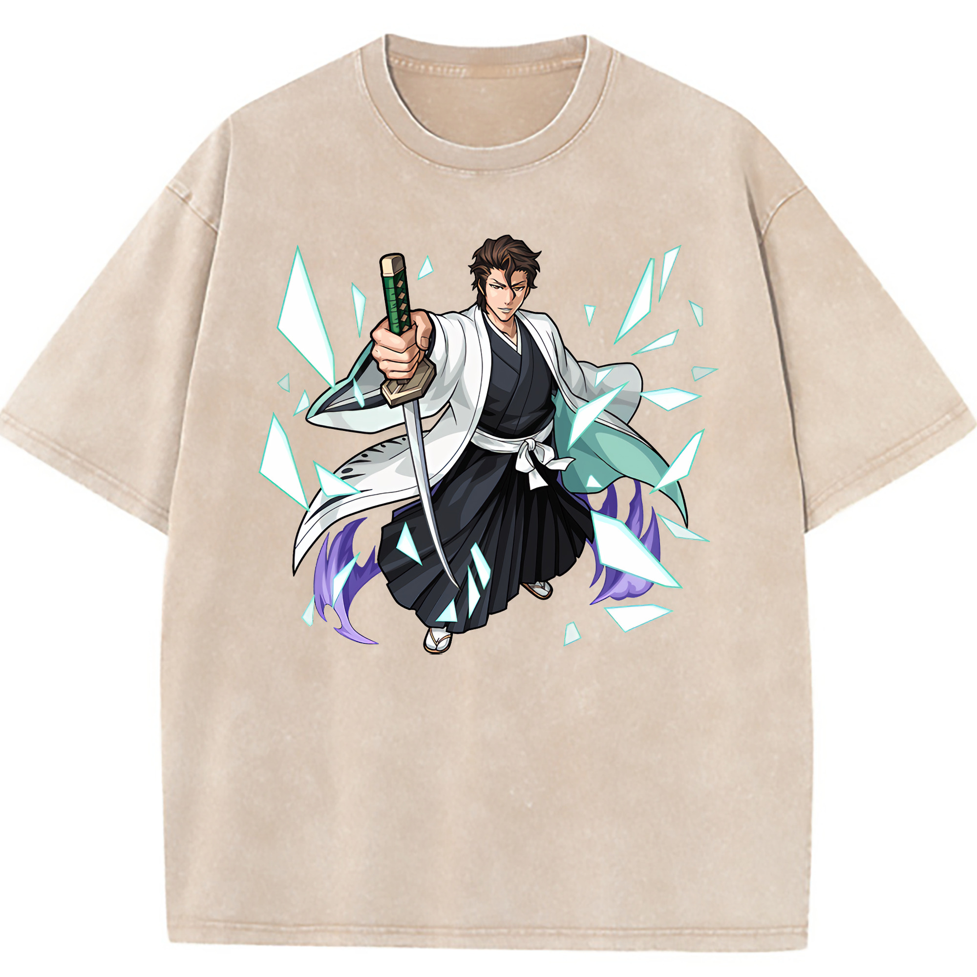 （画像用） ブリーチ 藍染 惣右介（あいぜん そうすけ） BLEACH Aizen Sousuke 綿100% ヴィンテージ風 半袖Tシャツ（フロントプリント）