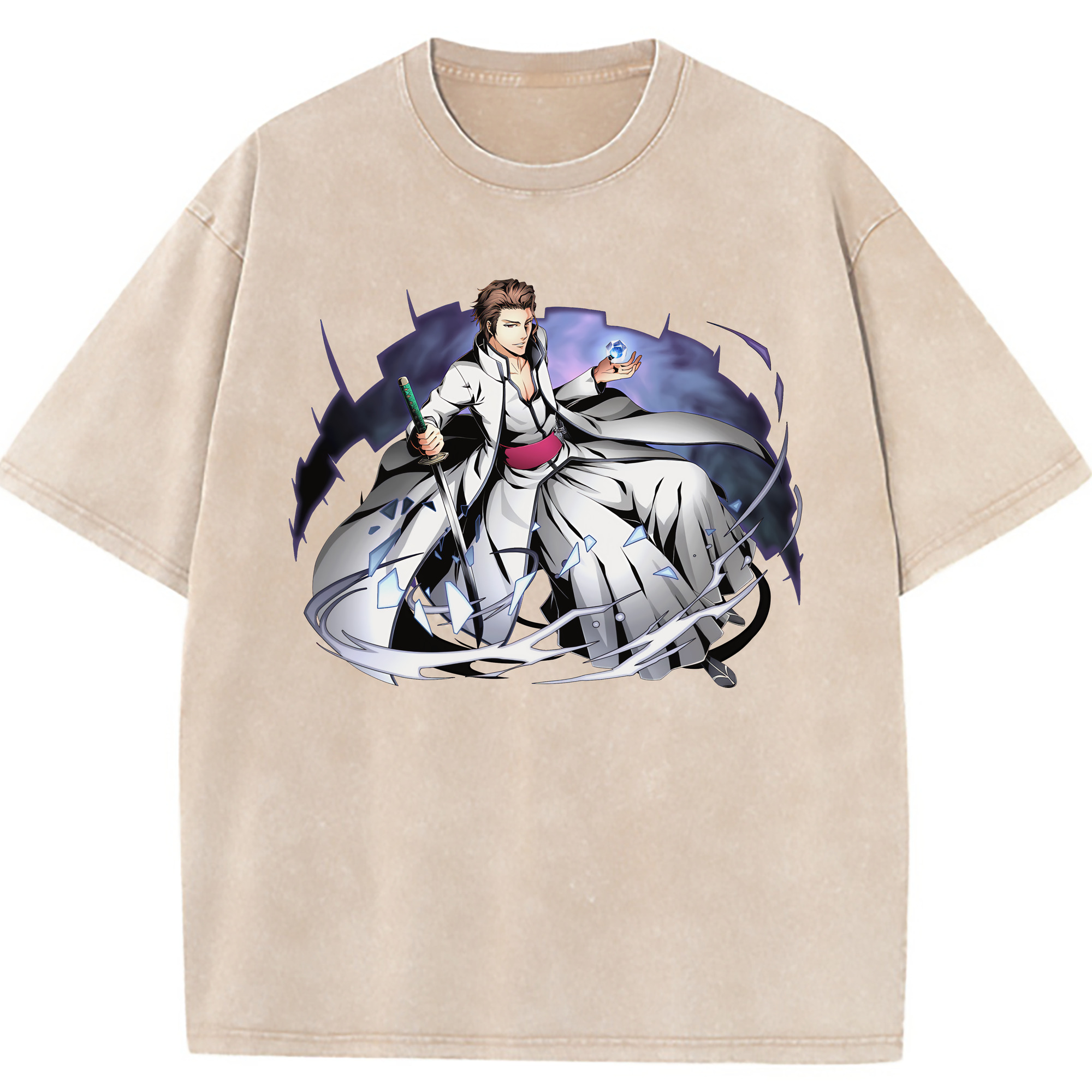 （画像用） ブリーチ 藍染 惣右介（あいぜん そうすけ） BLEACH Aizen Sousuke 綿100% ヴィンテージ風 半袖Tシャツ（フロントプリント）